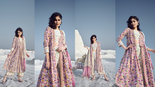 onion pink cotton kurta shrug set