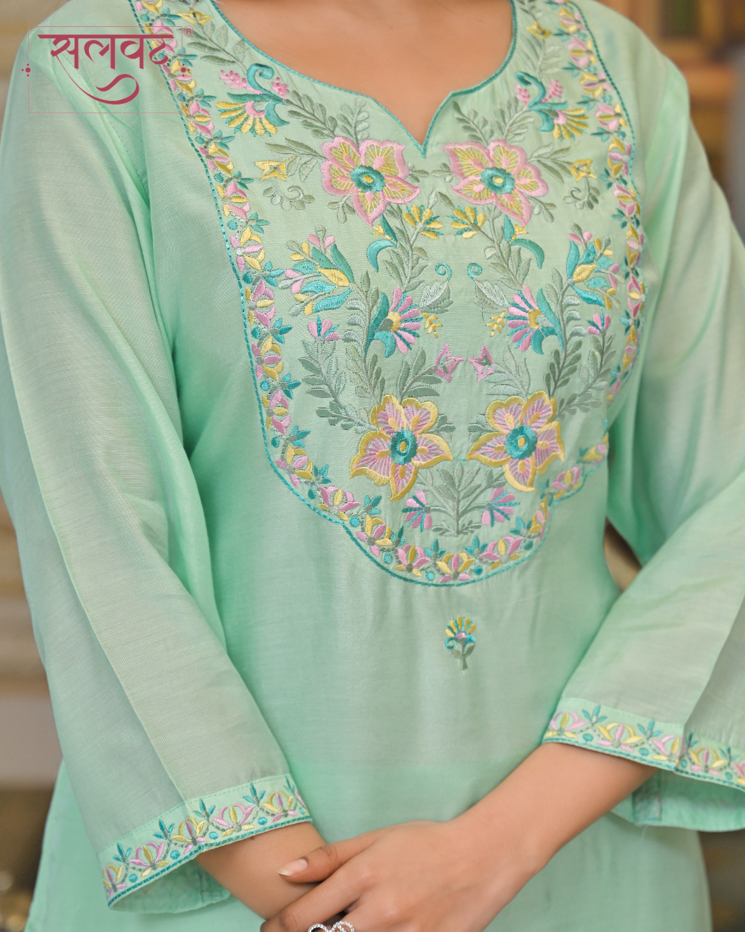 Seafoam Green Embroidered Kurta Set With Printed Dupatta