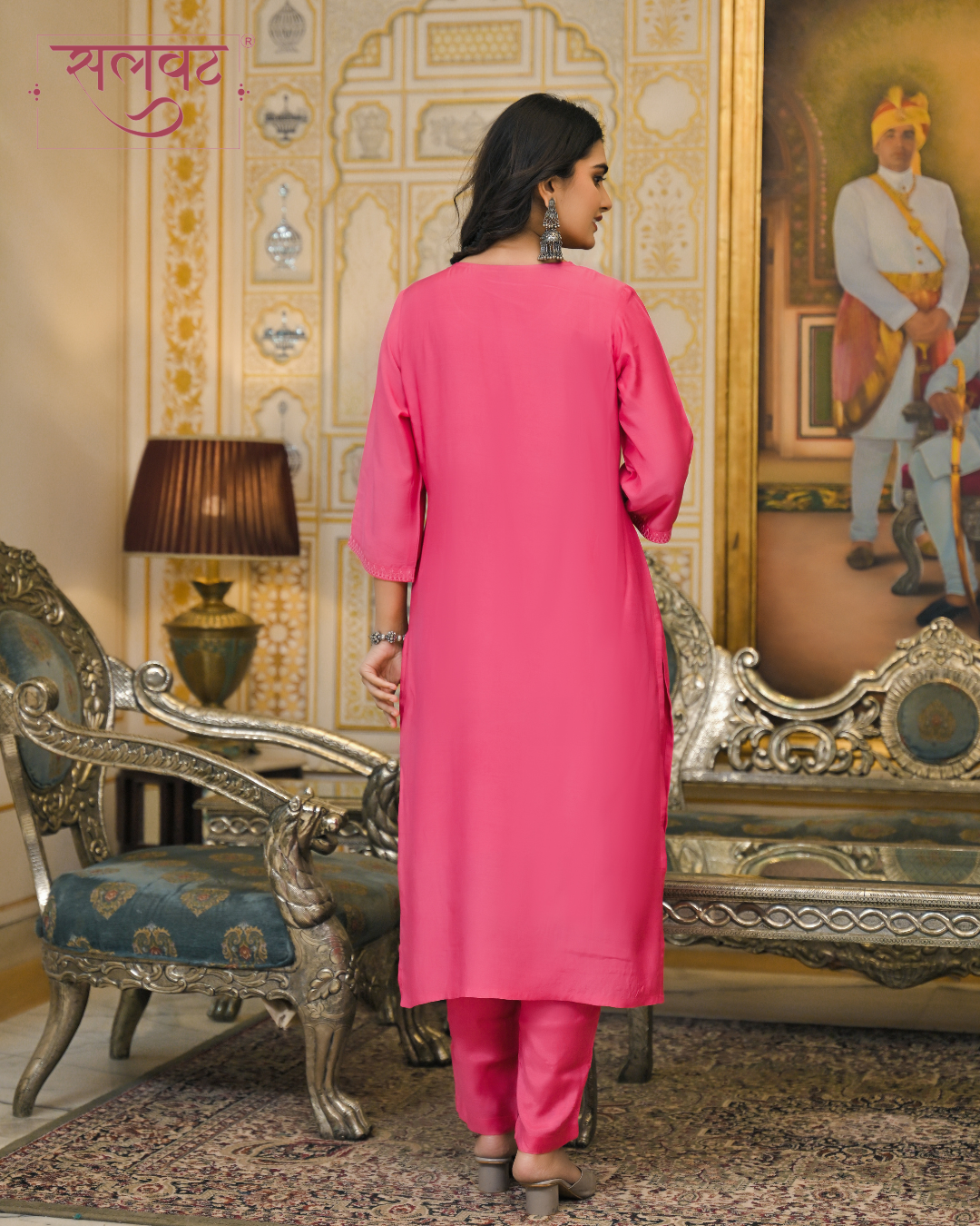 Carnation Blush Embroidered Kurta set with Printed Dupatta