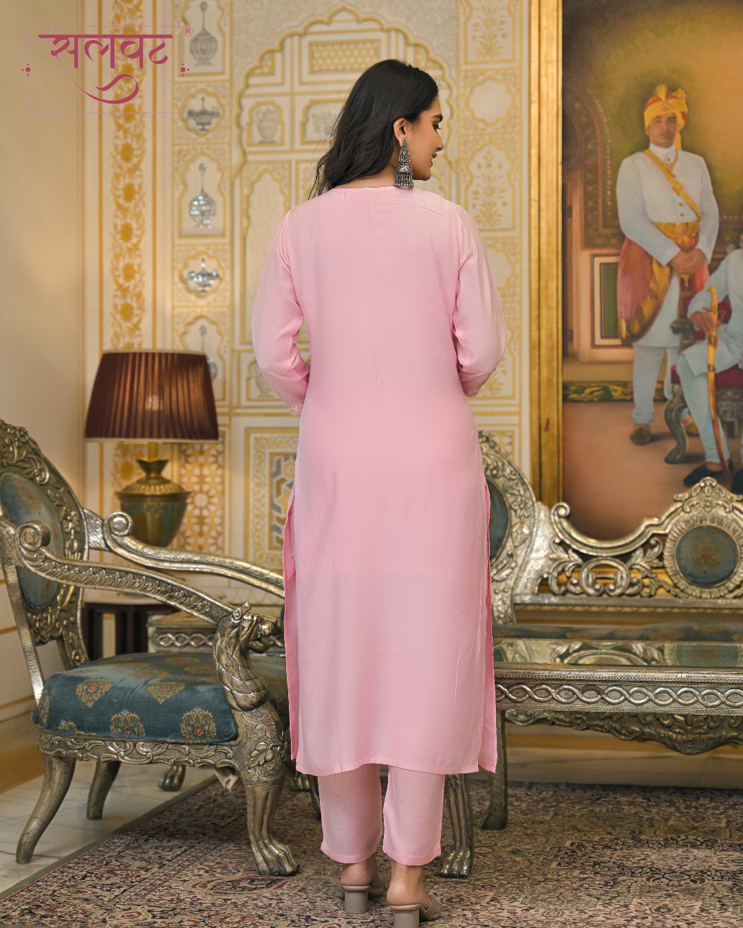 Rose Quartz Embroidered Kurta Set With Printed Dupatta