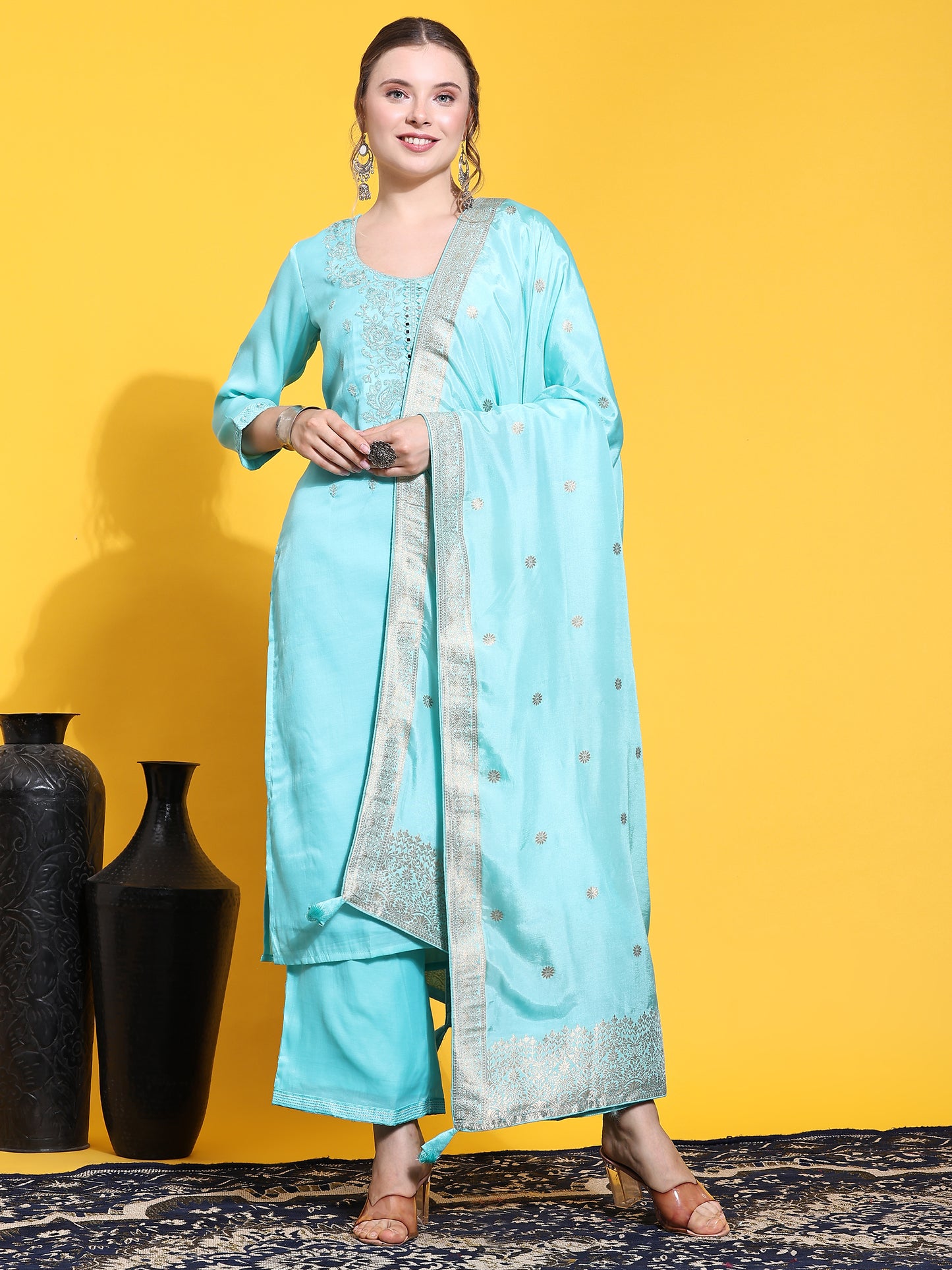 Turquoise zari work suit set