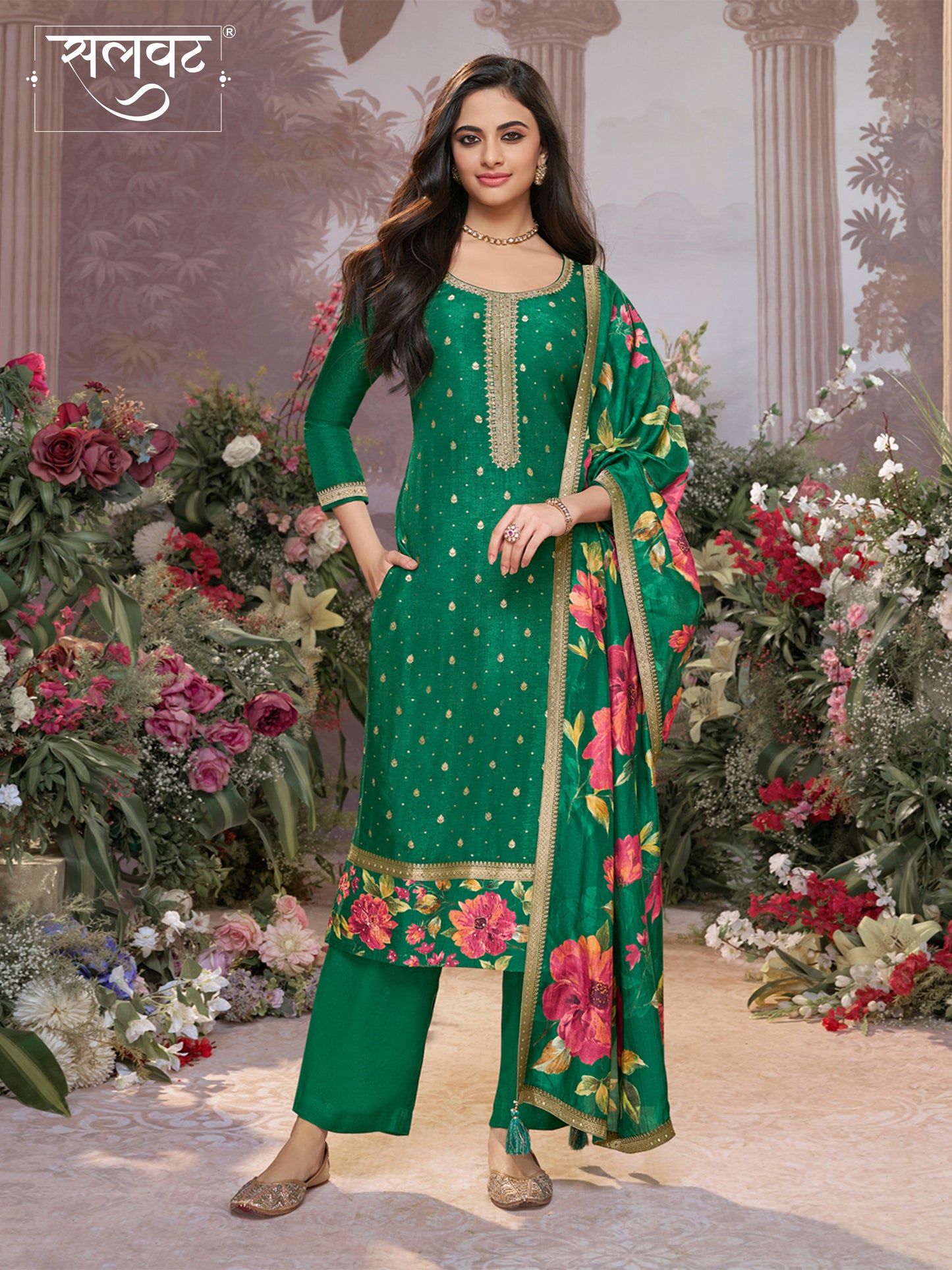 Green Dola Silk Kurta Set with Jacquard Work, Paired with a Dola Silk Digital Printed Dupatta