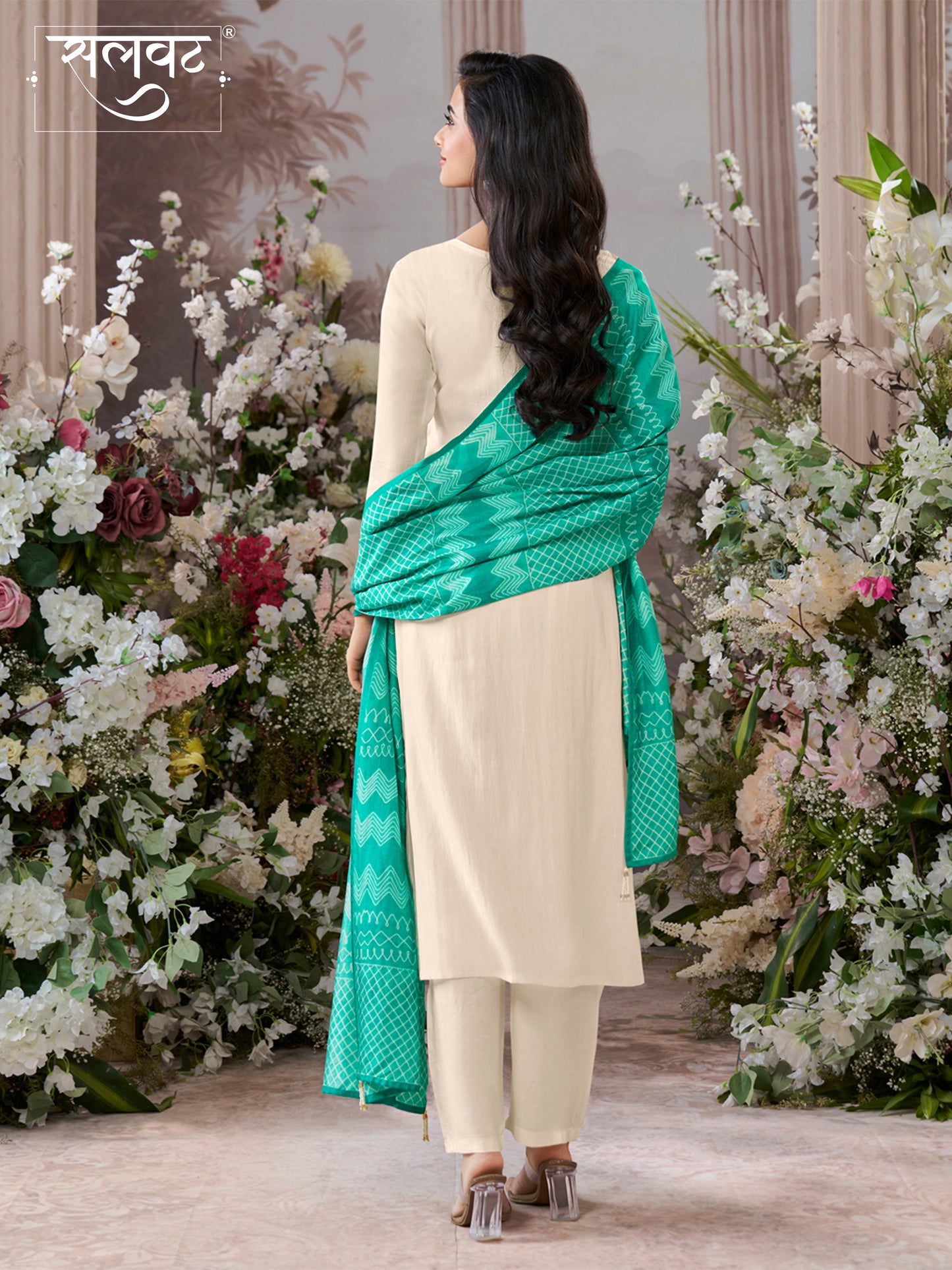 Off-White Viscose Thread Work Kurta Suit Set Paired with Digital Printed Contrast Dupatta