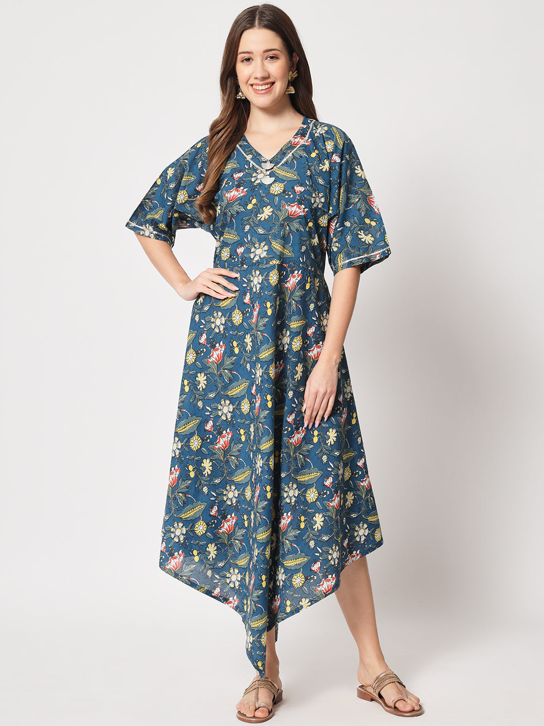 Blue Cotton Printed Midi Dress