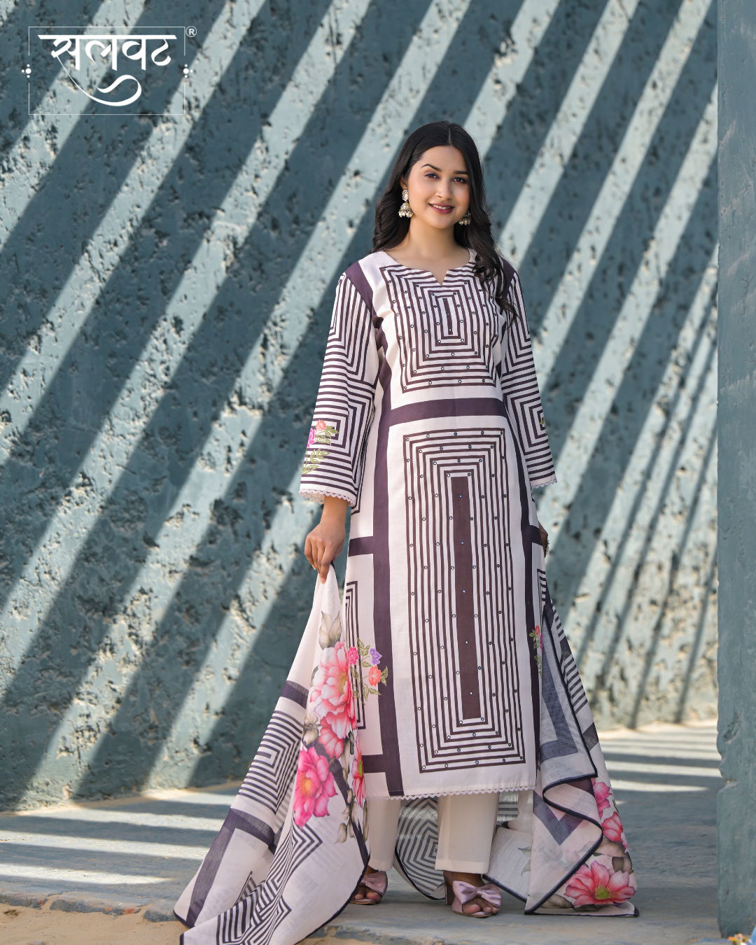 Light Cream & Black Heavy Handwork Kurta Set With Printed Dupatta