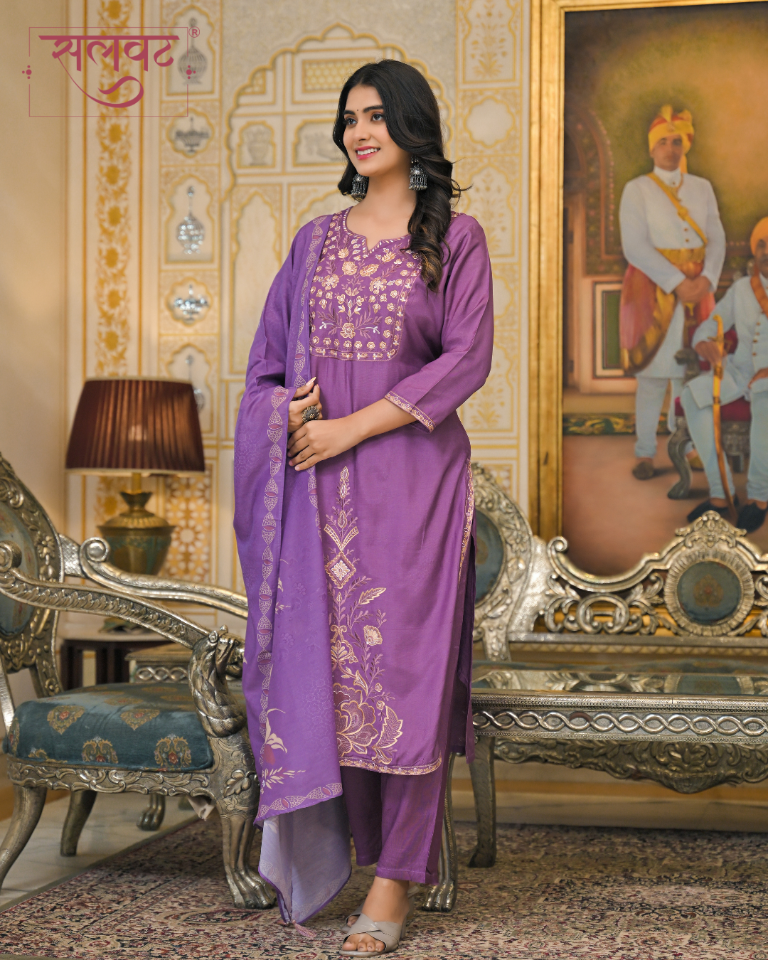 Plum Purple Muslin Thread Embroidered Kurta Set With Dupatta