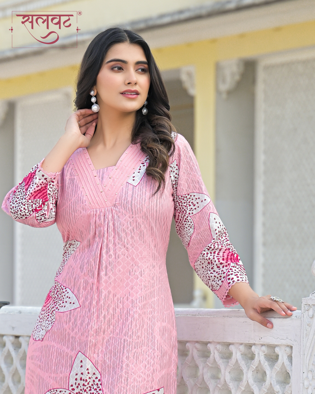 Pale Pink & White Pure Cotton Abstract Printed Handwork Kurta Set