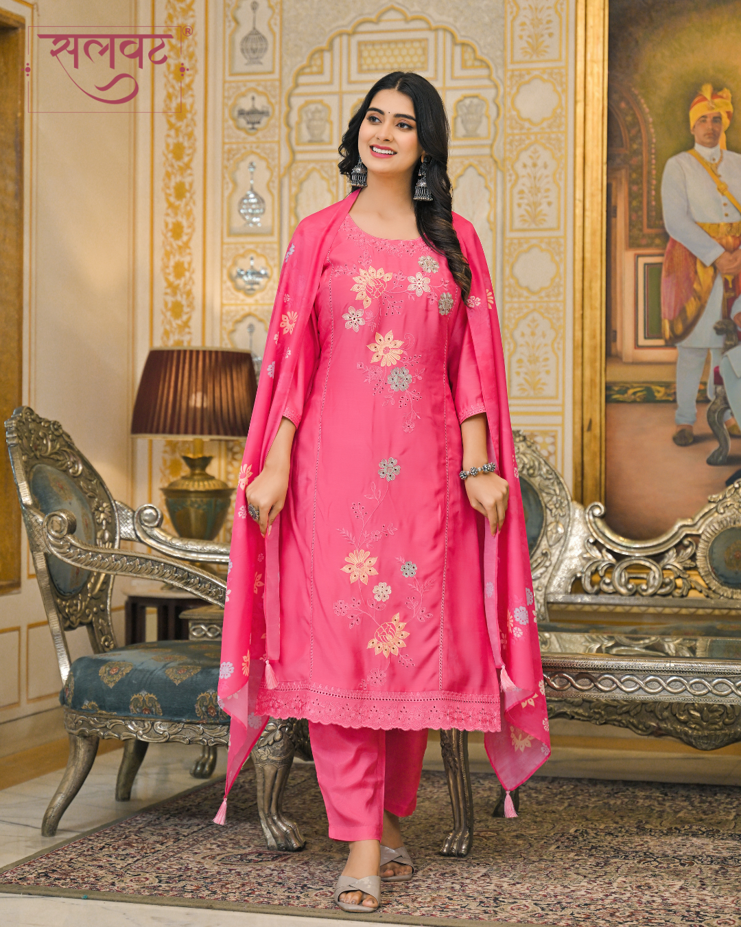 Carnation Blush Embroidered Kurta set with Printed Dupatta