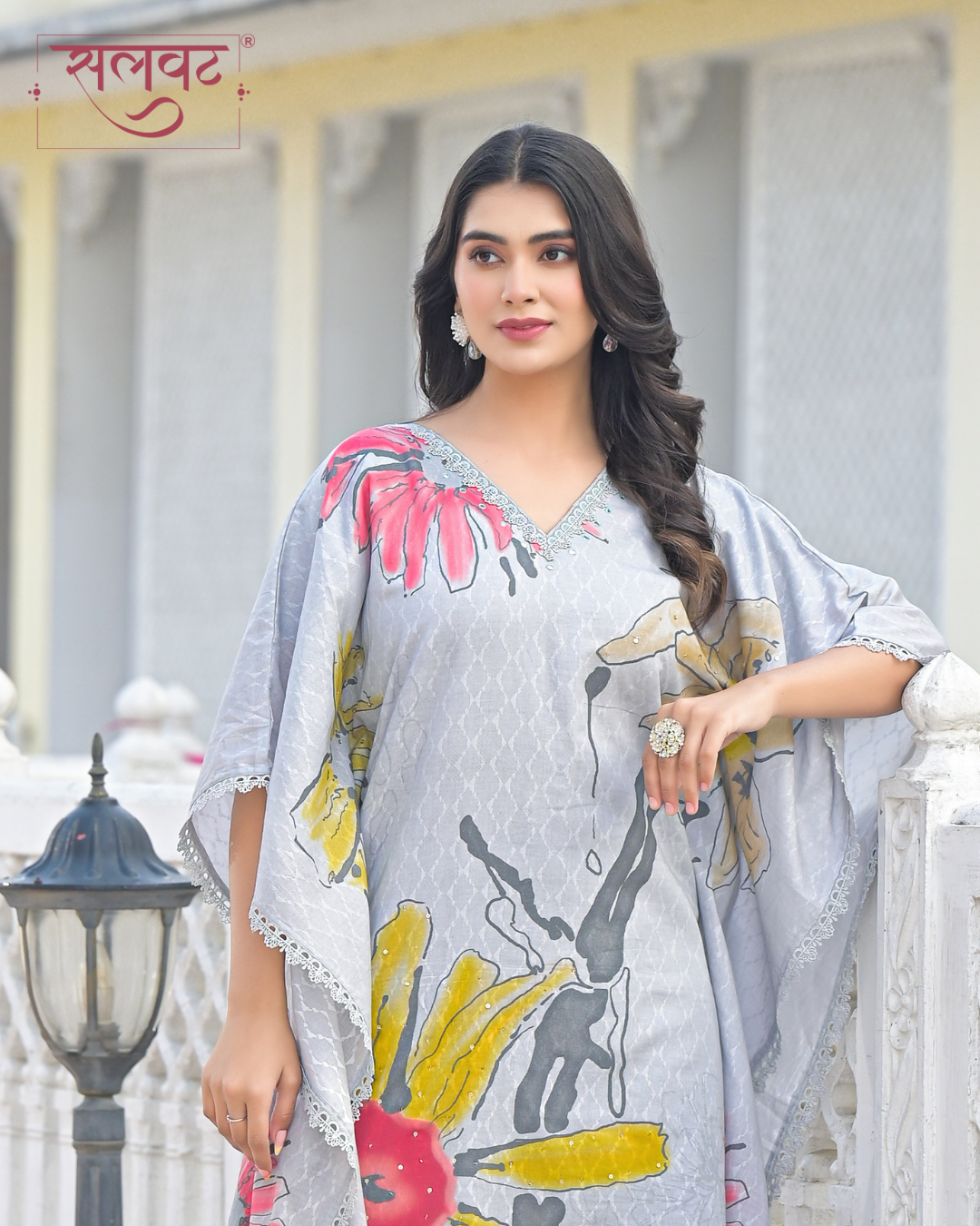 Slate Grey Abstract Printed Handwork Kaftan Set