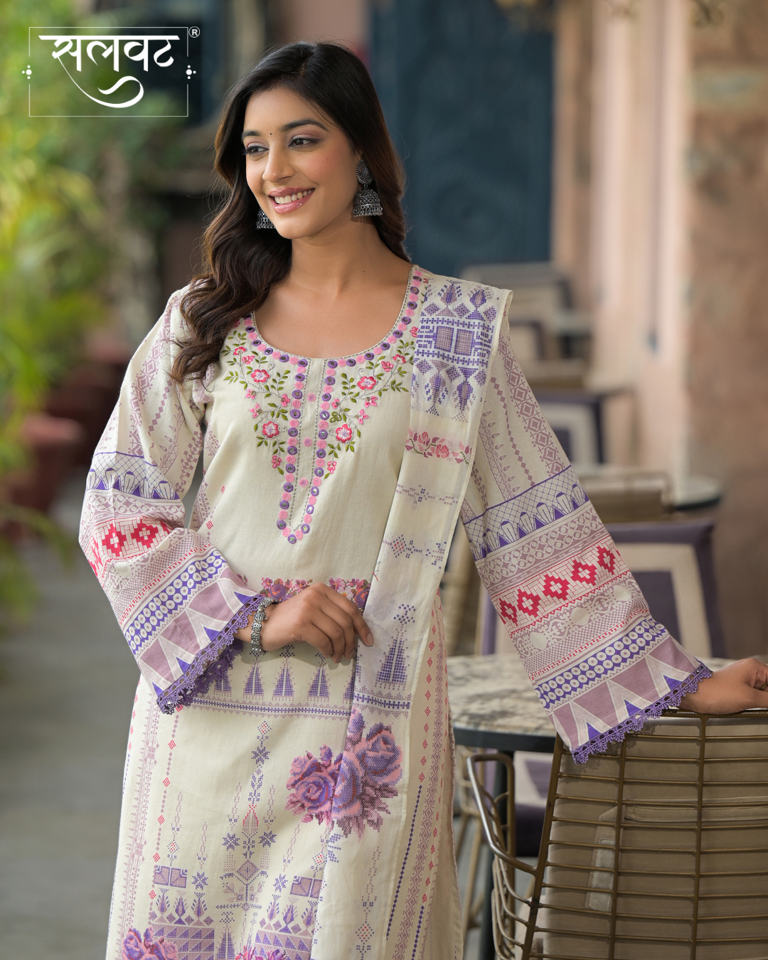 Light Cream Printed Handwork Kurta Set With Printed Dupatta