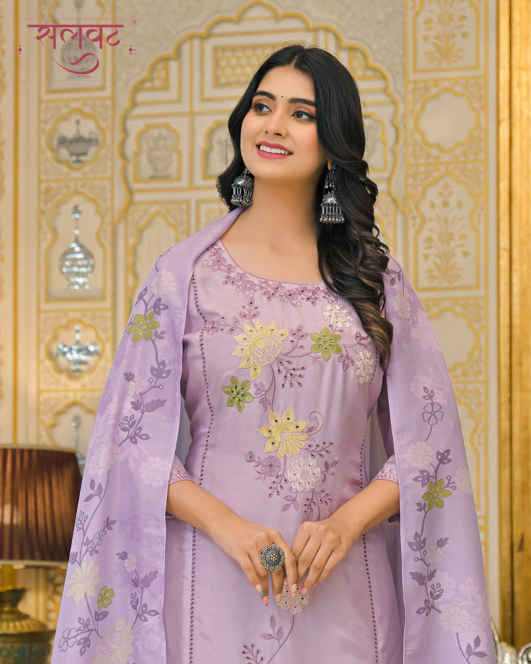 Periwinkle Lilac Embroidered Kurta Set With Printed Dupatta