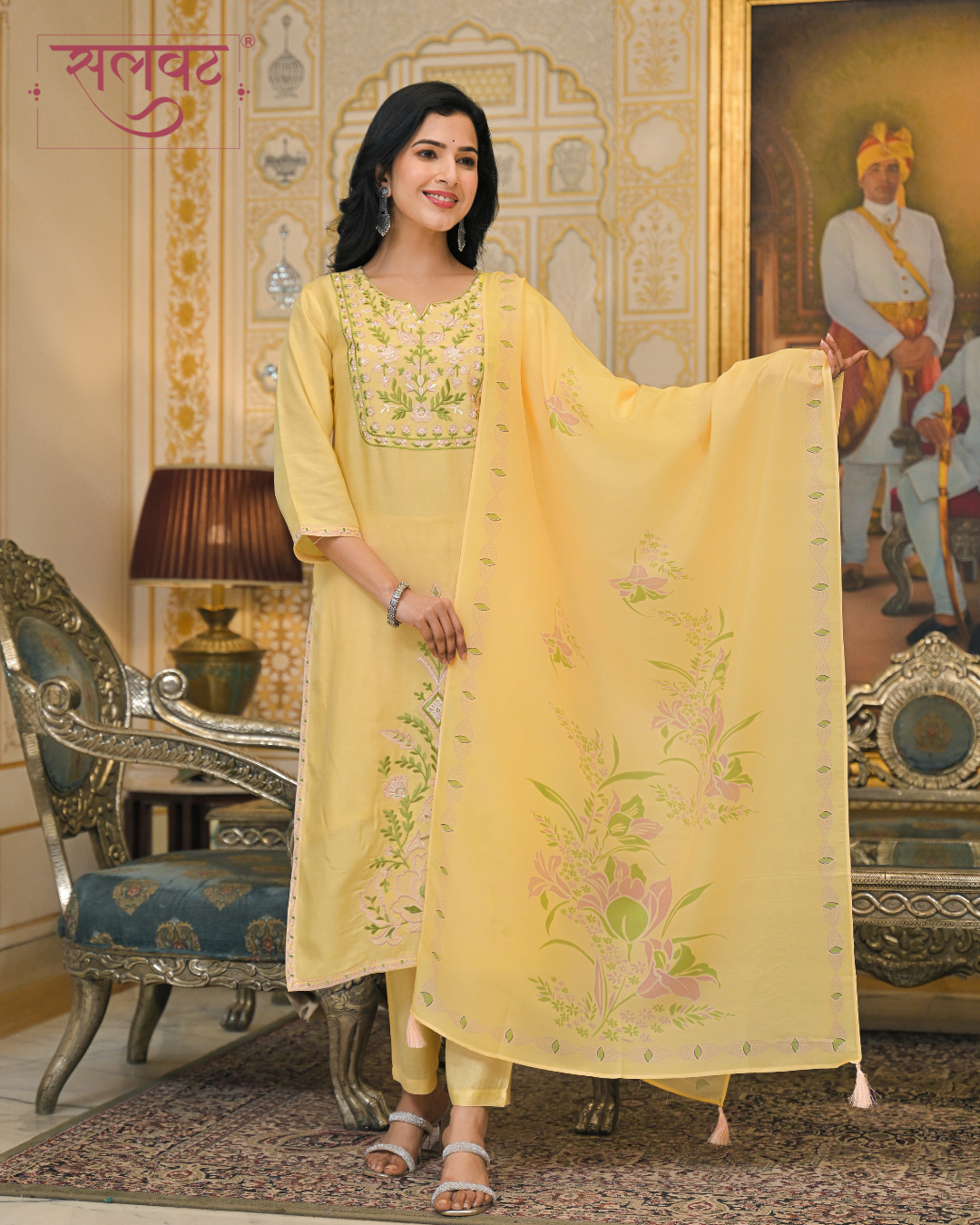 Bright Citrus Yellow Muslin Thread Embroidered Kurta Set With Printed Dupatta