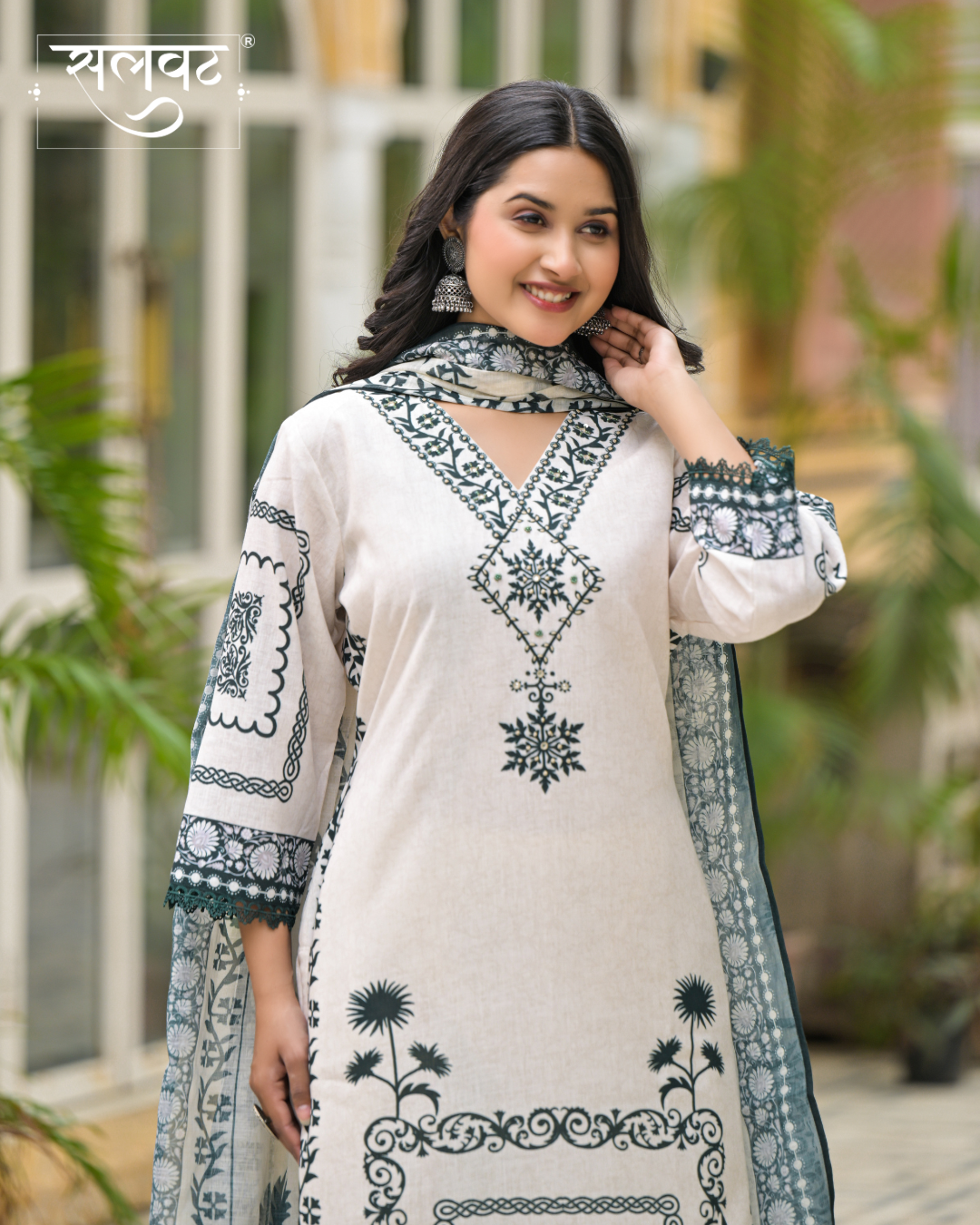 Cream & Green Heavy Handwork Kurta Set With Printed Dupatta