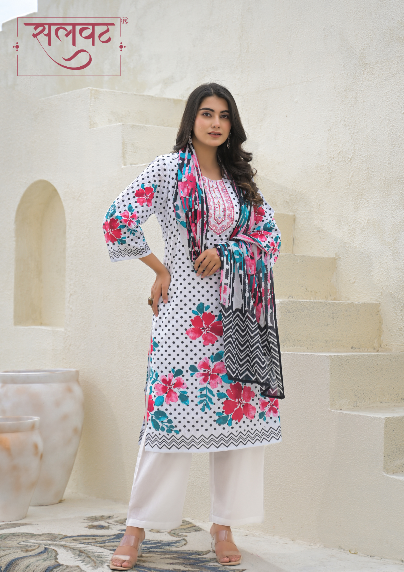 White & Black Polka Dots Printed Handwork Kurta Set With Printed Dupatta