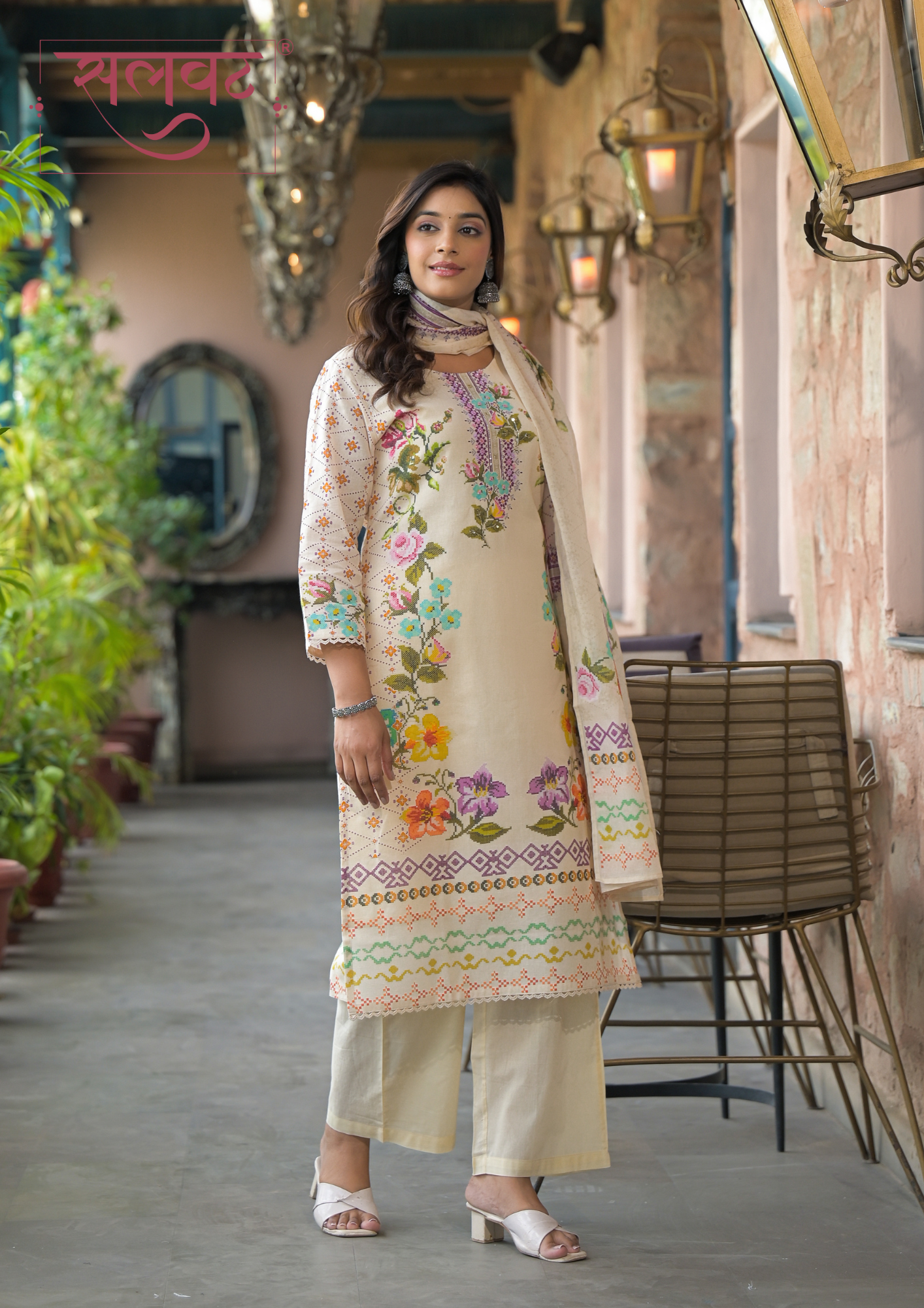 Light Beige Printed Handwork Kurta Set With Printed Dupatta