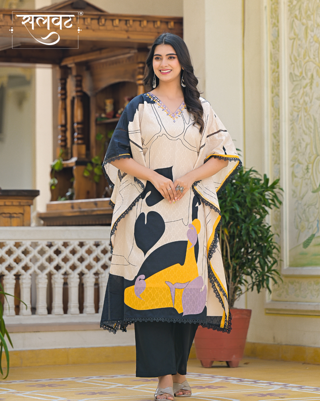 Light Beige Abstract Printed Handwork Kaftan Set