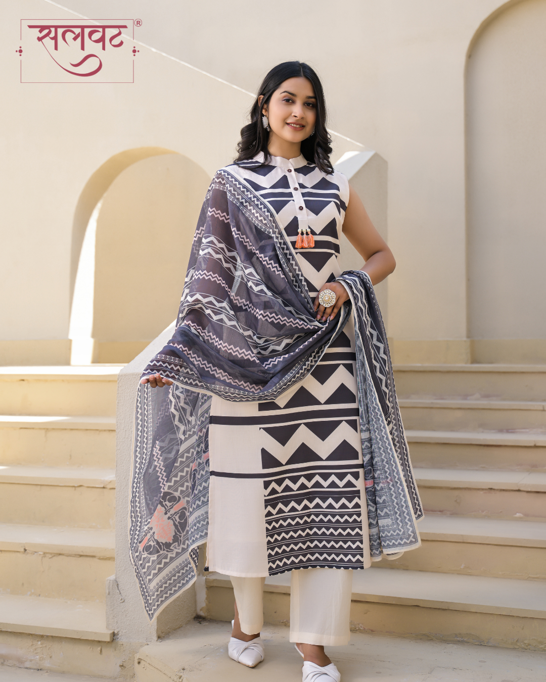 Light Cream & Black Printed Kurta Set With Hand Knot Work & Printed Dupatta