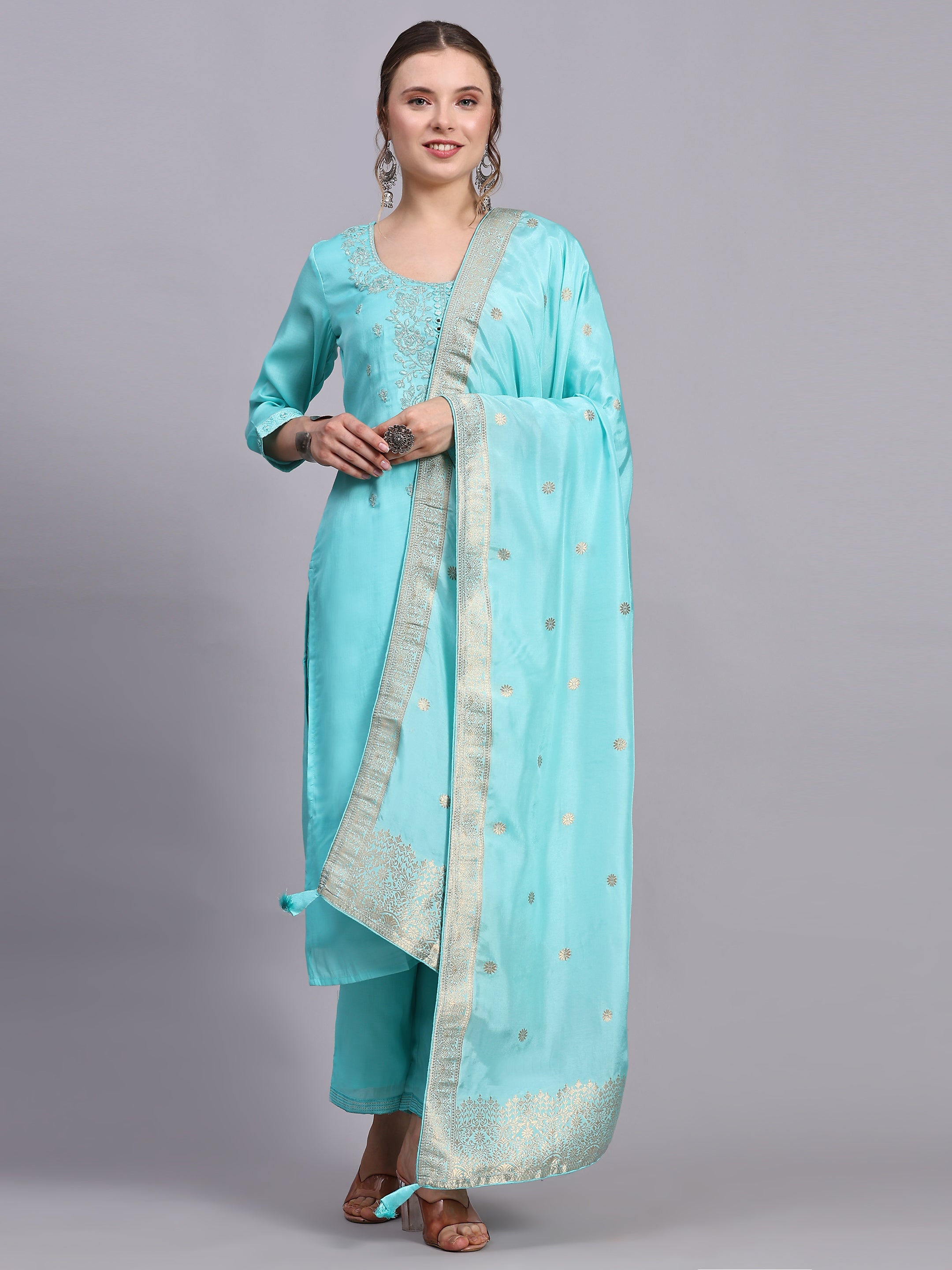 Turquoise zari work suit set