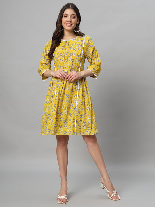 Yellow Cotton Printed Cotton Short Dress