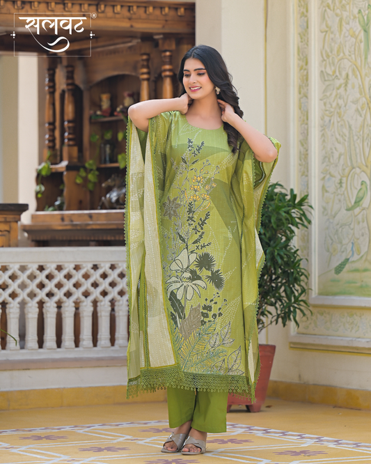 Green Printed Sequins Embellished Kaftan Set