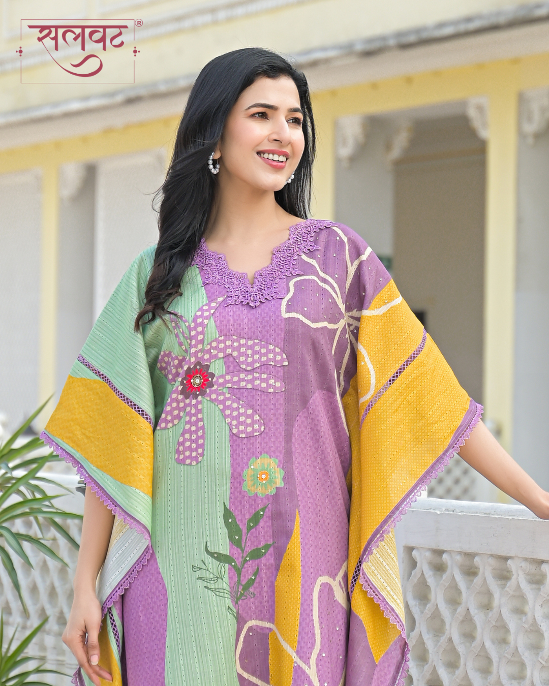 Lilac Abstract Printed Sequins Embellished Kaftan Set