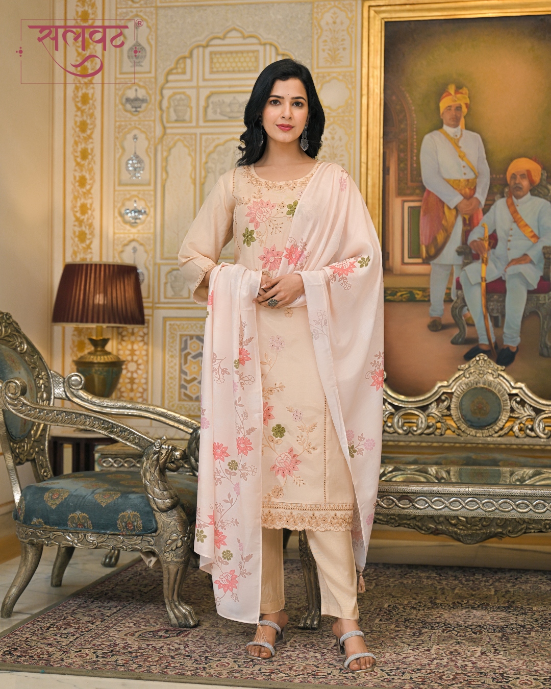Light Caramel Embroidered Kurta Set With Printed Dupatta