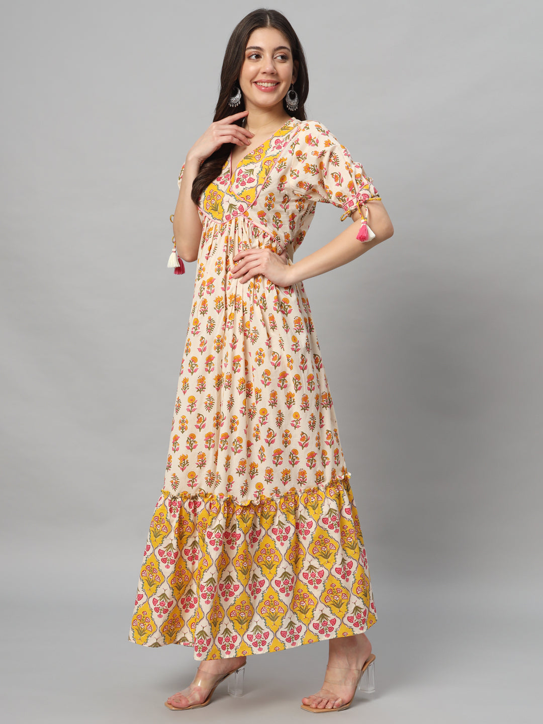 Yellow and Cream Printed Maxi Dress with Tassel Sleeves