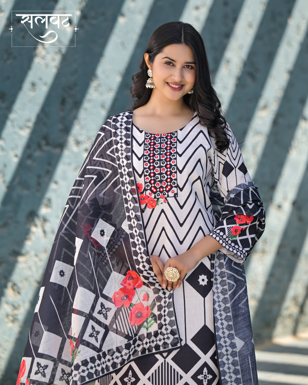 Light Cream & Black Heavy Handwork Kurta Set With Printed Dupatta