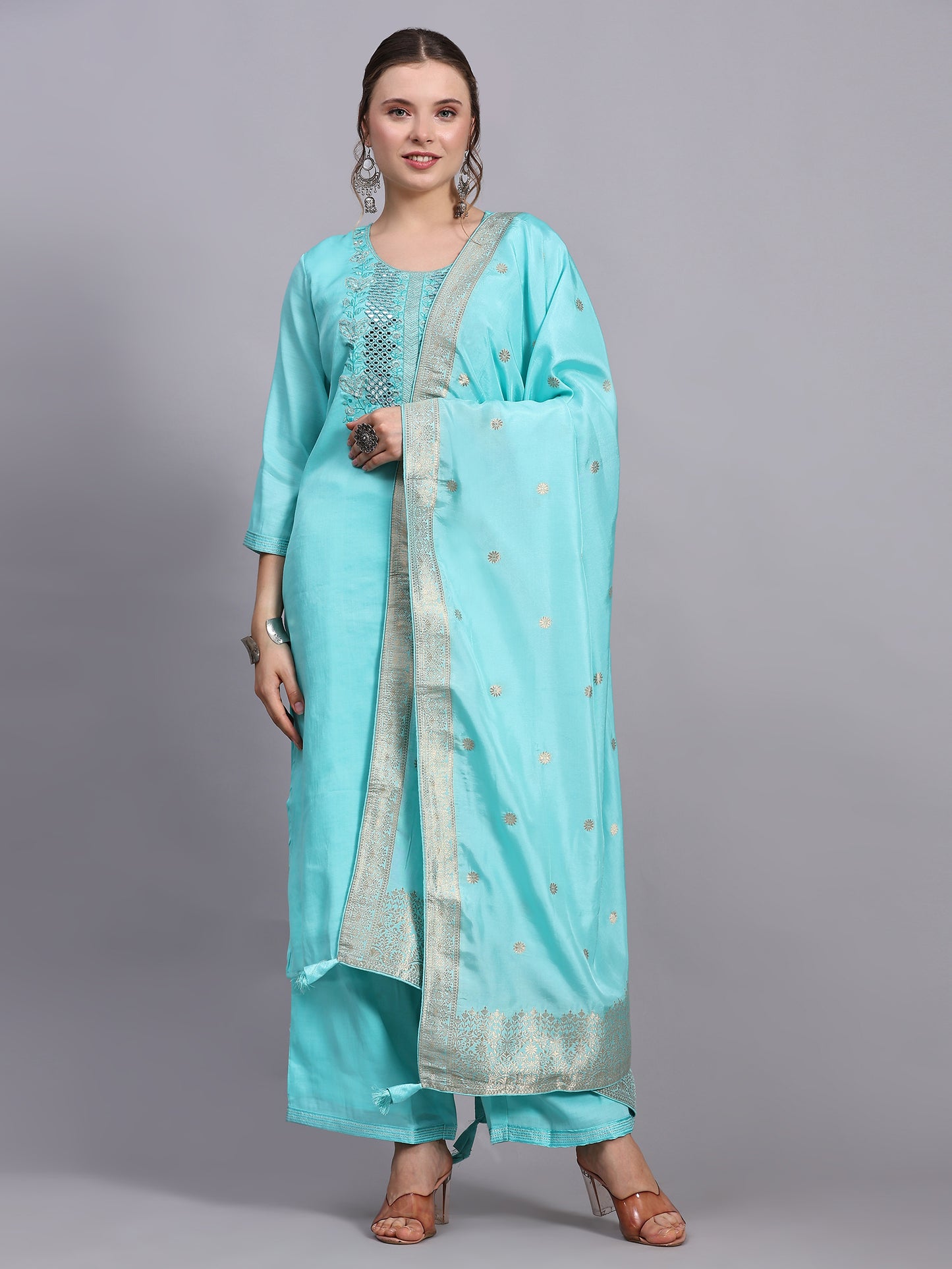 Turquoise Mirror Work Suit Set.
