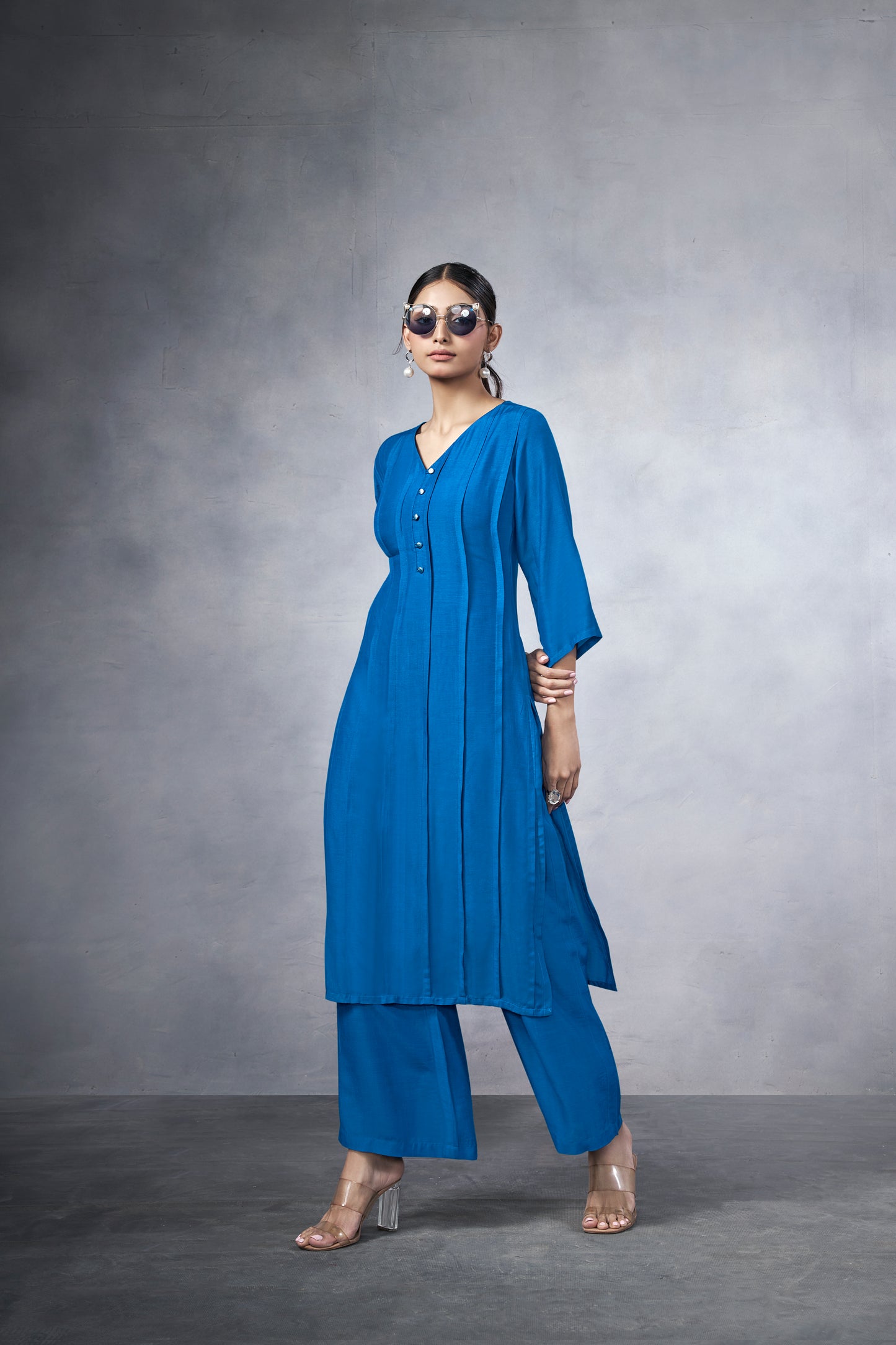 Blue long kurta coord set with pearl buttons