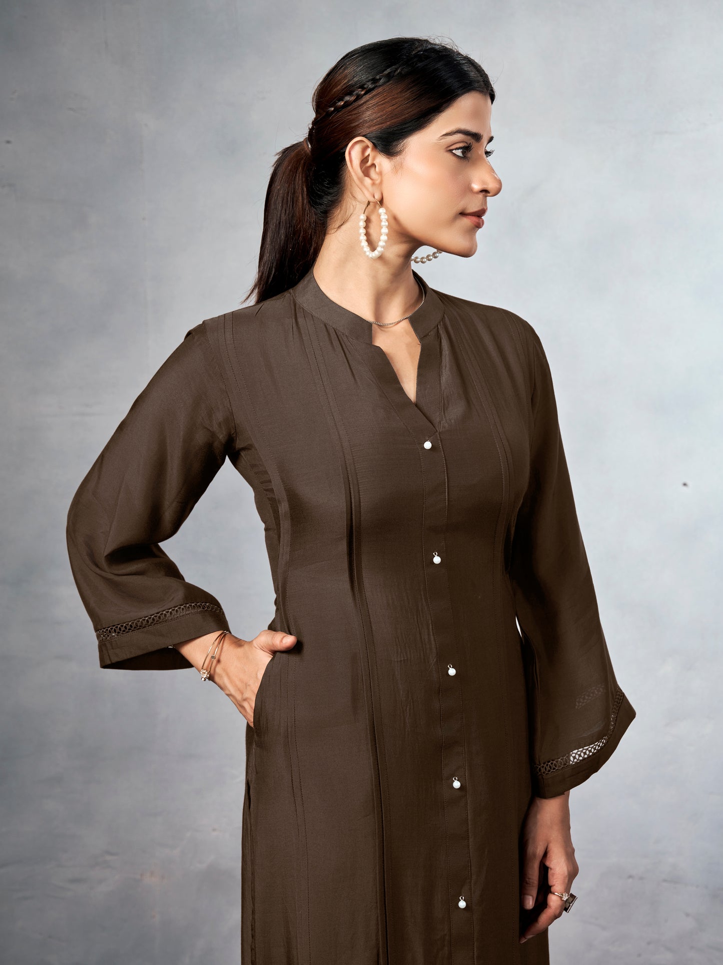 Brown long kurta coord set with pearl buttons