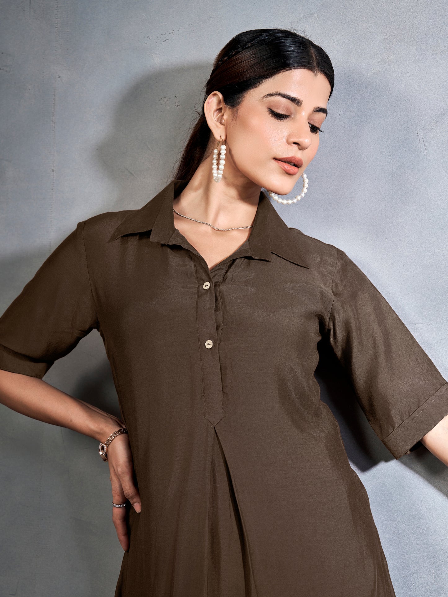 Brown box pleat coord set