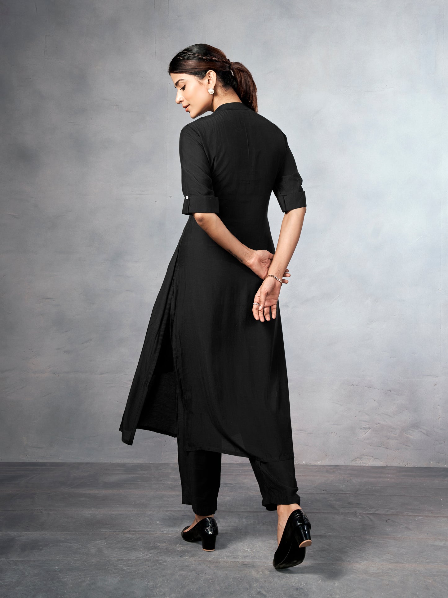 Black muslin kurta-style co-ord set