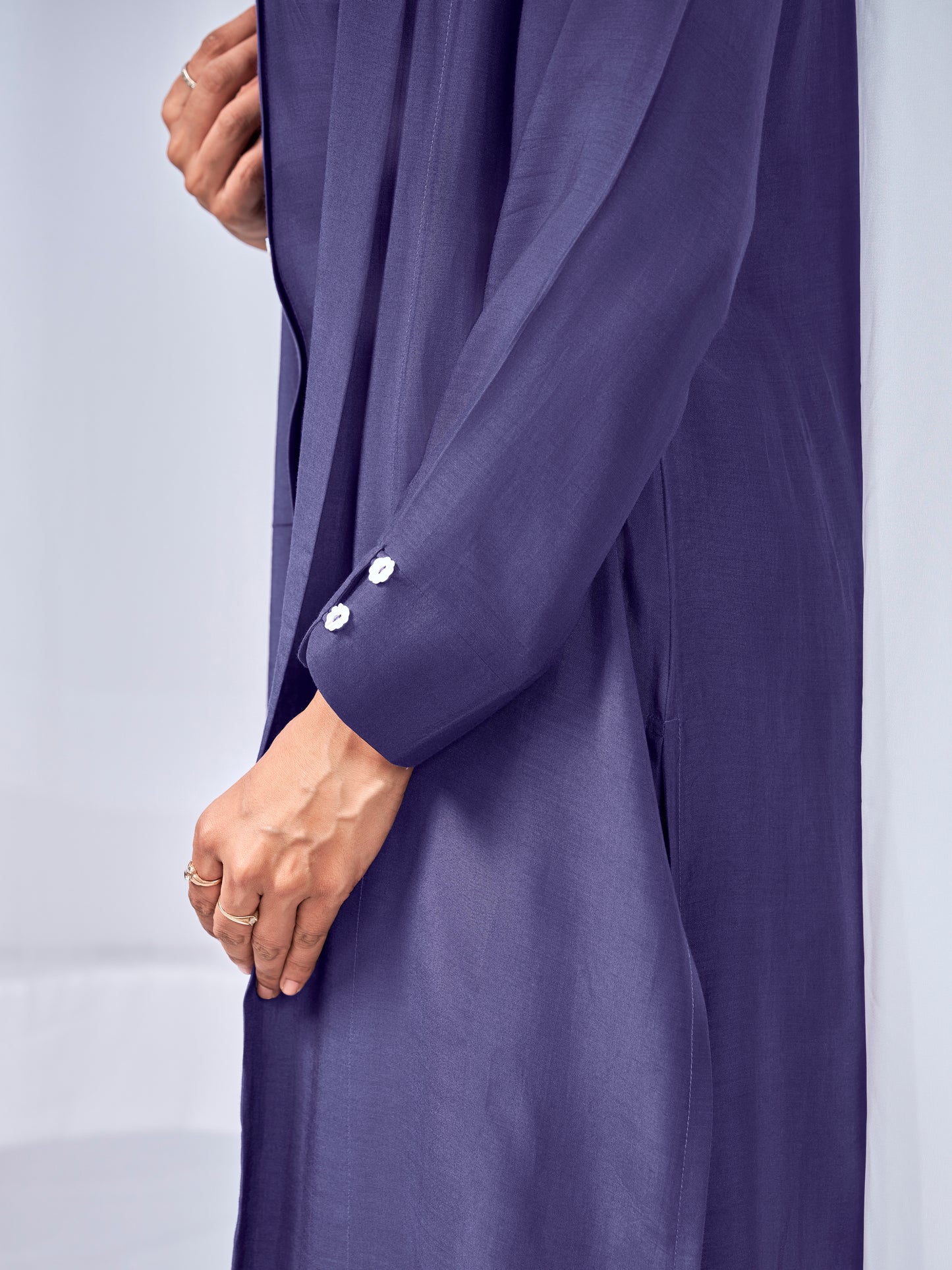 Purple three-piece coord set with shrug