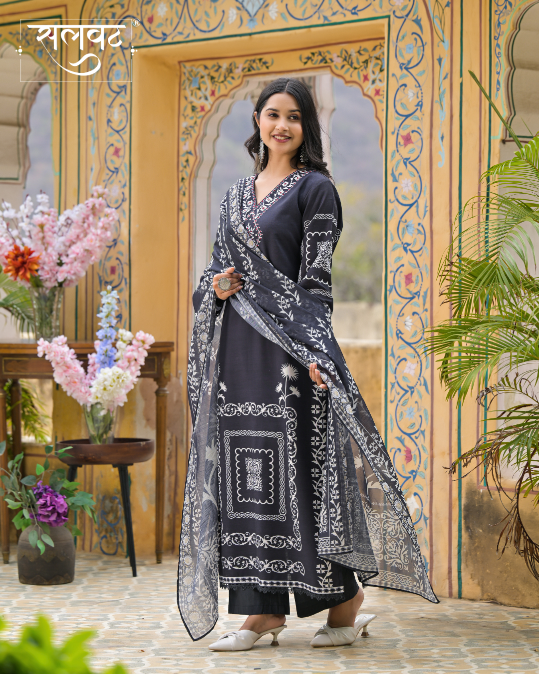Charcoal Black & Cream Heavy Hnadwork Kurta Set With Printed Dupatta