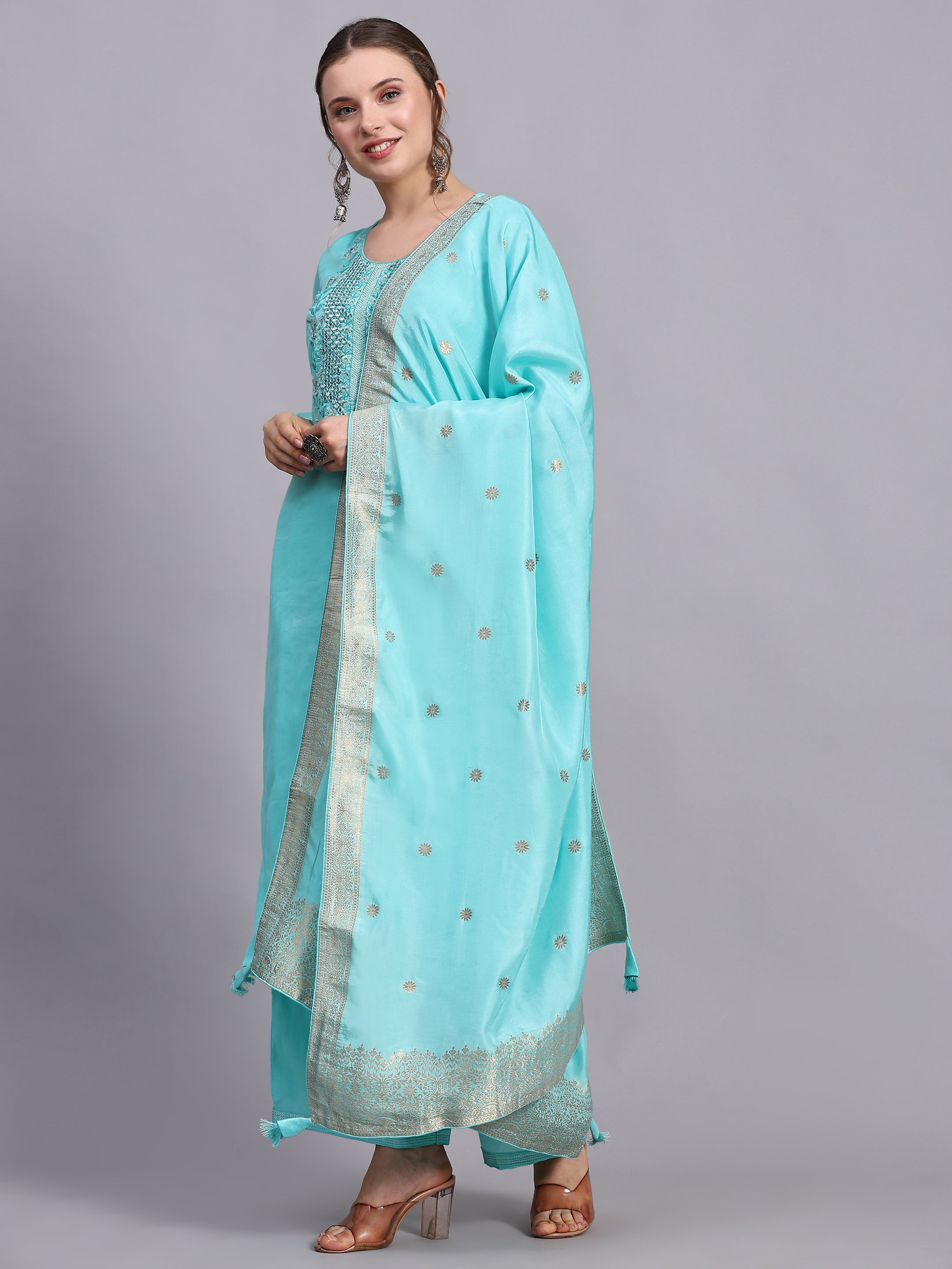 Turquoise Mirror Work Suit Set.