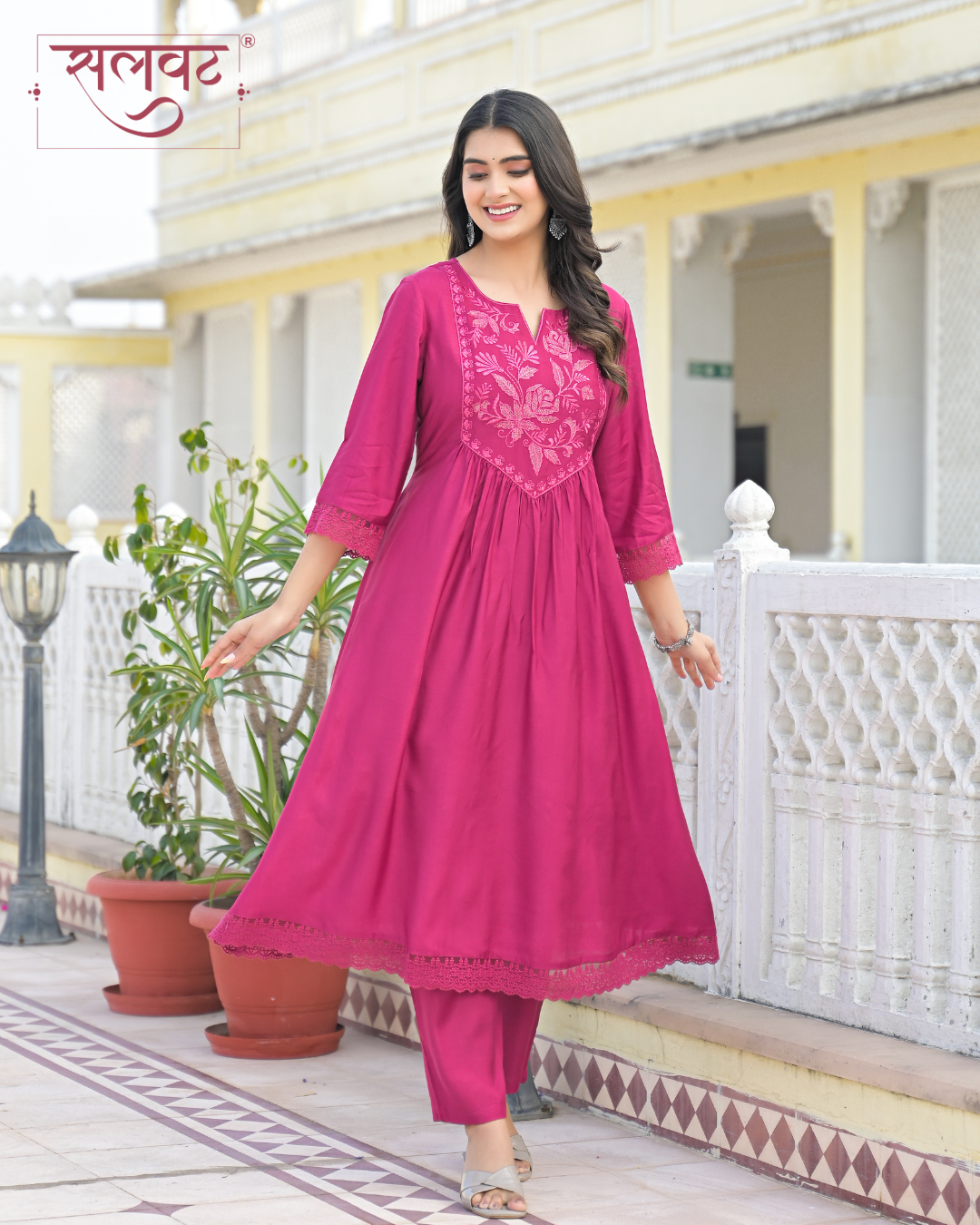 Ruby Garnet Wine Thread & Zari Embroidered Kurta Set With Printed Dupatta