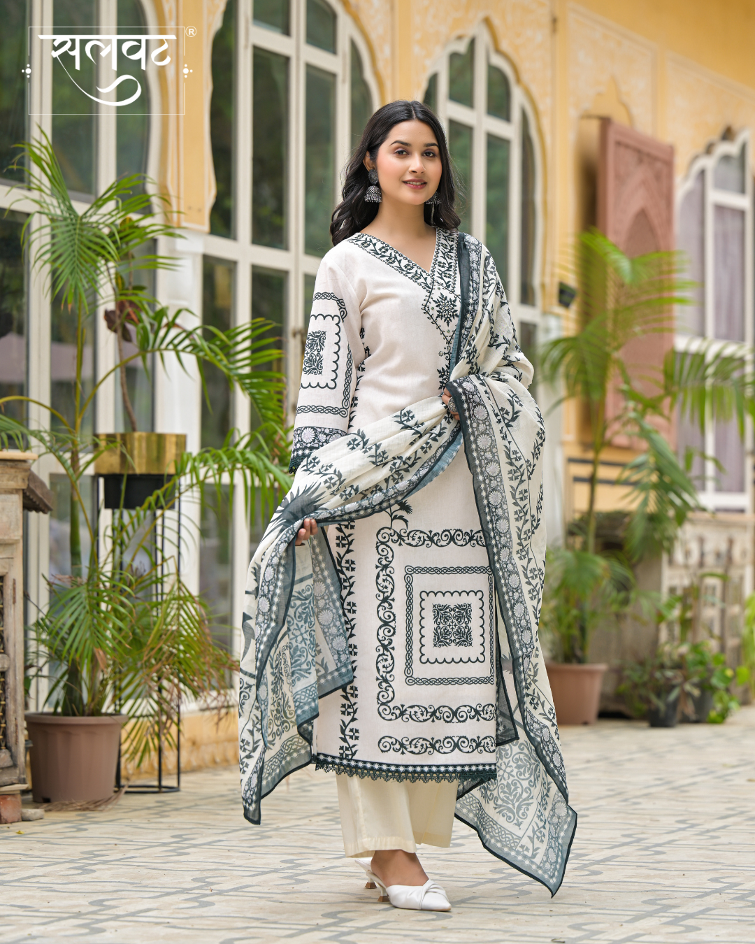 Cream & Green Heavy Handwork Kurta Set With Printed Dupatta