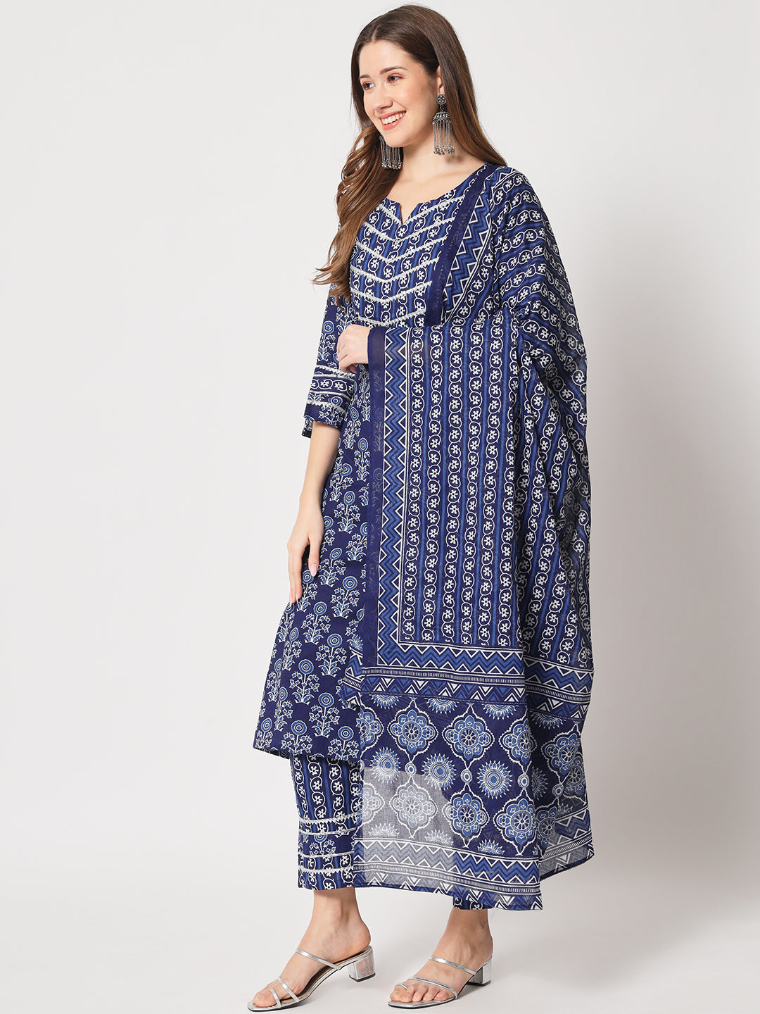 Navy blue printed cotton kurta set with dupatta.