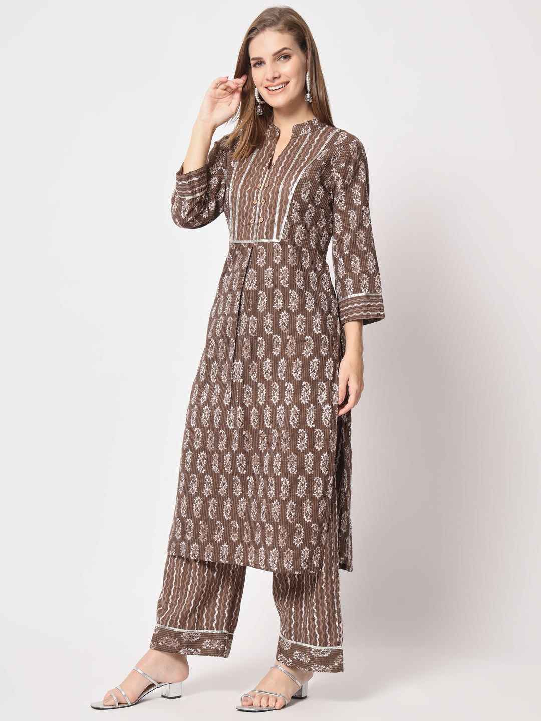 Brown Printed Cotton Kurta Set