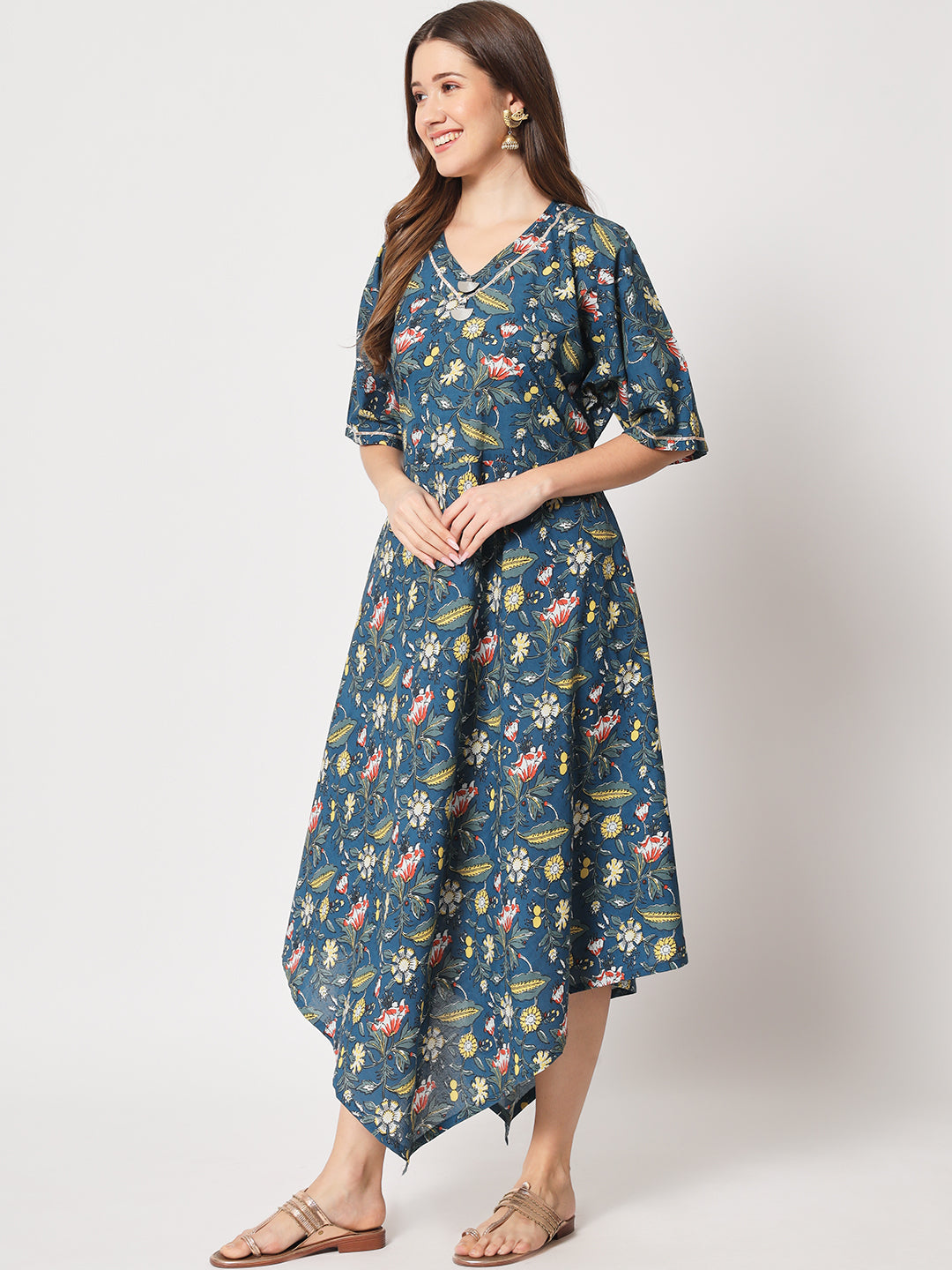 Blue Cotton Printed Midi Dress