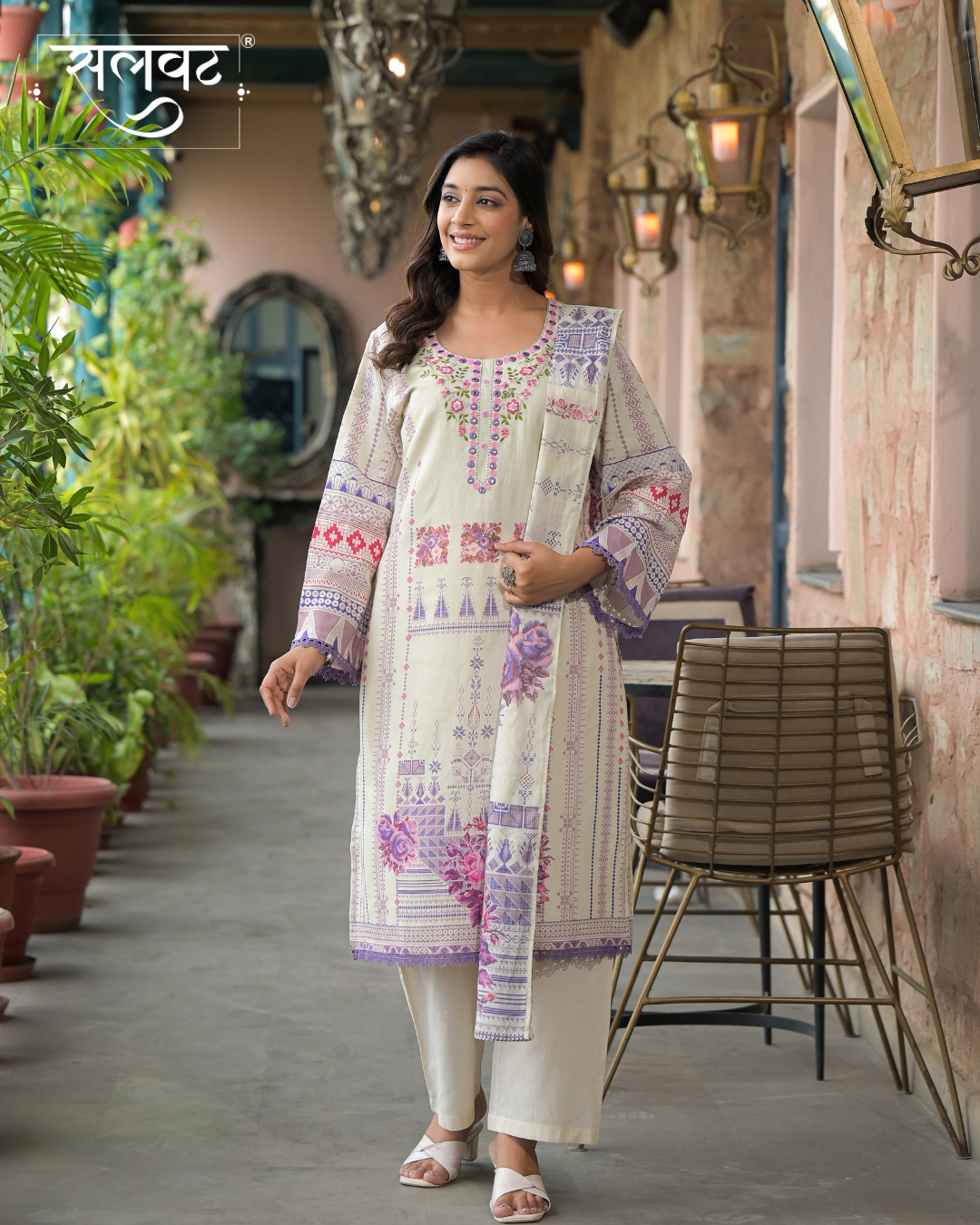 Light Cream Printed Handwork Kurta Set With Printed Dupatta