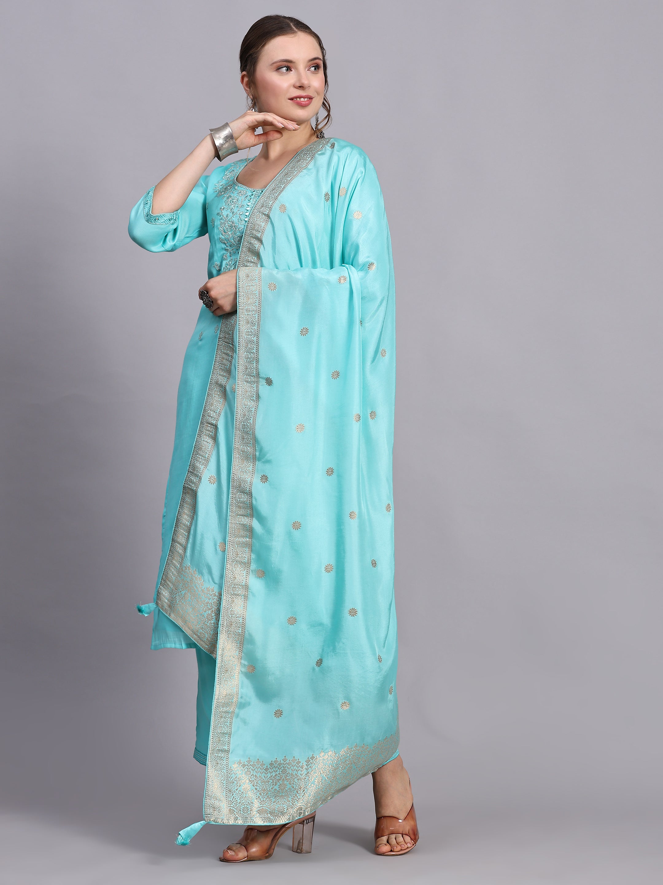 Turquoise zari work suit set