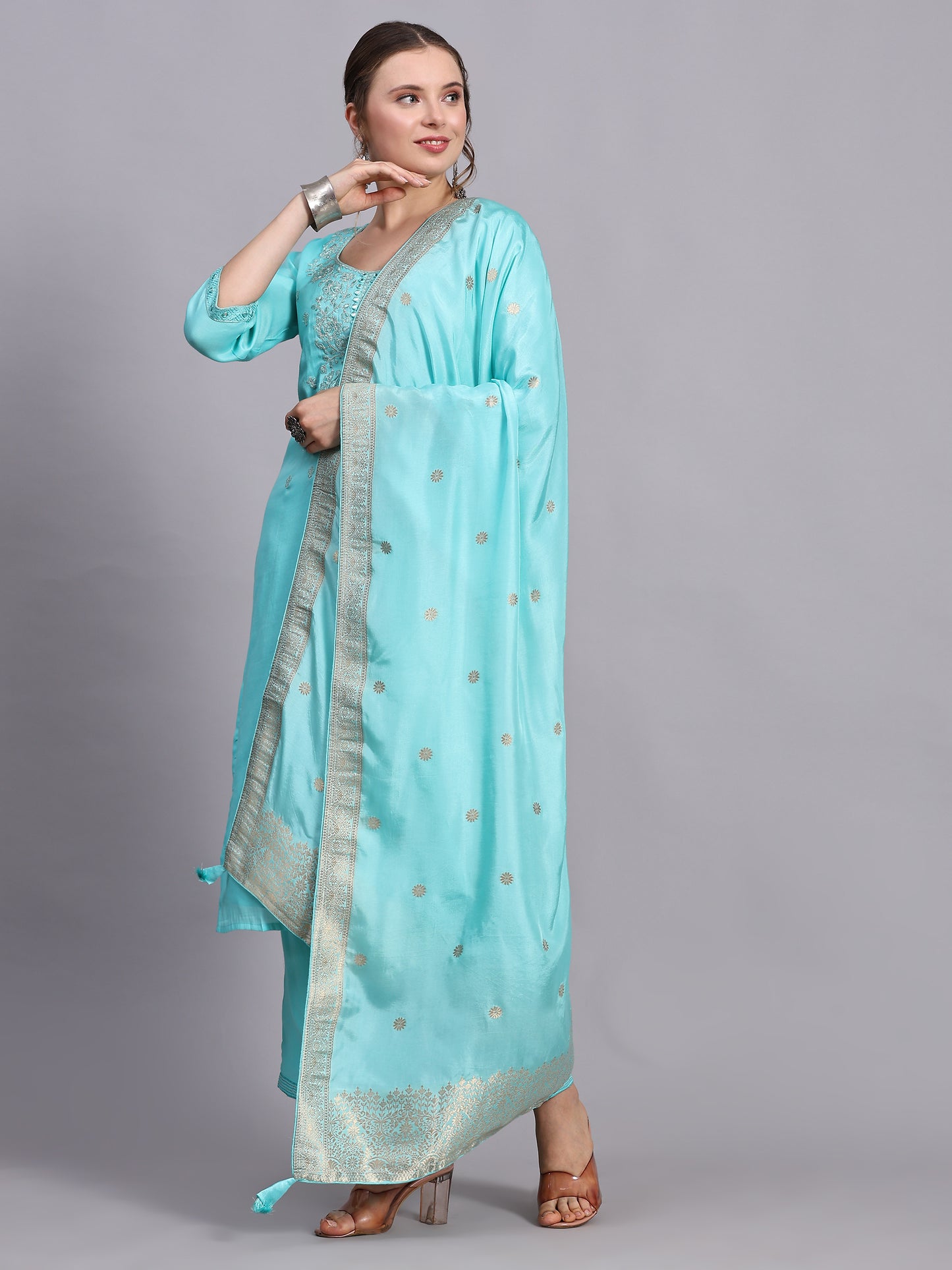 Turquoise zari work suit set