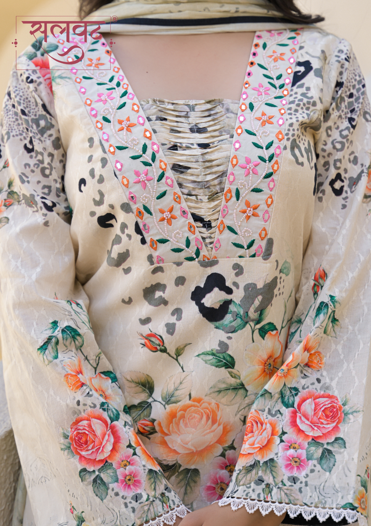 Cream Floral Printed Handwork Kurta Set With Printed Dupatta