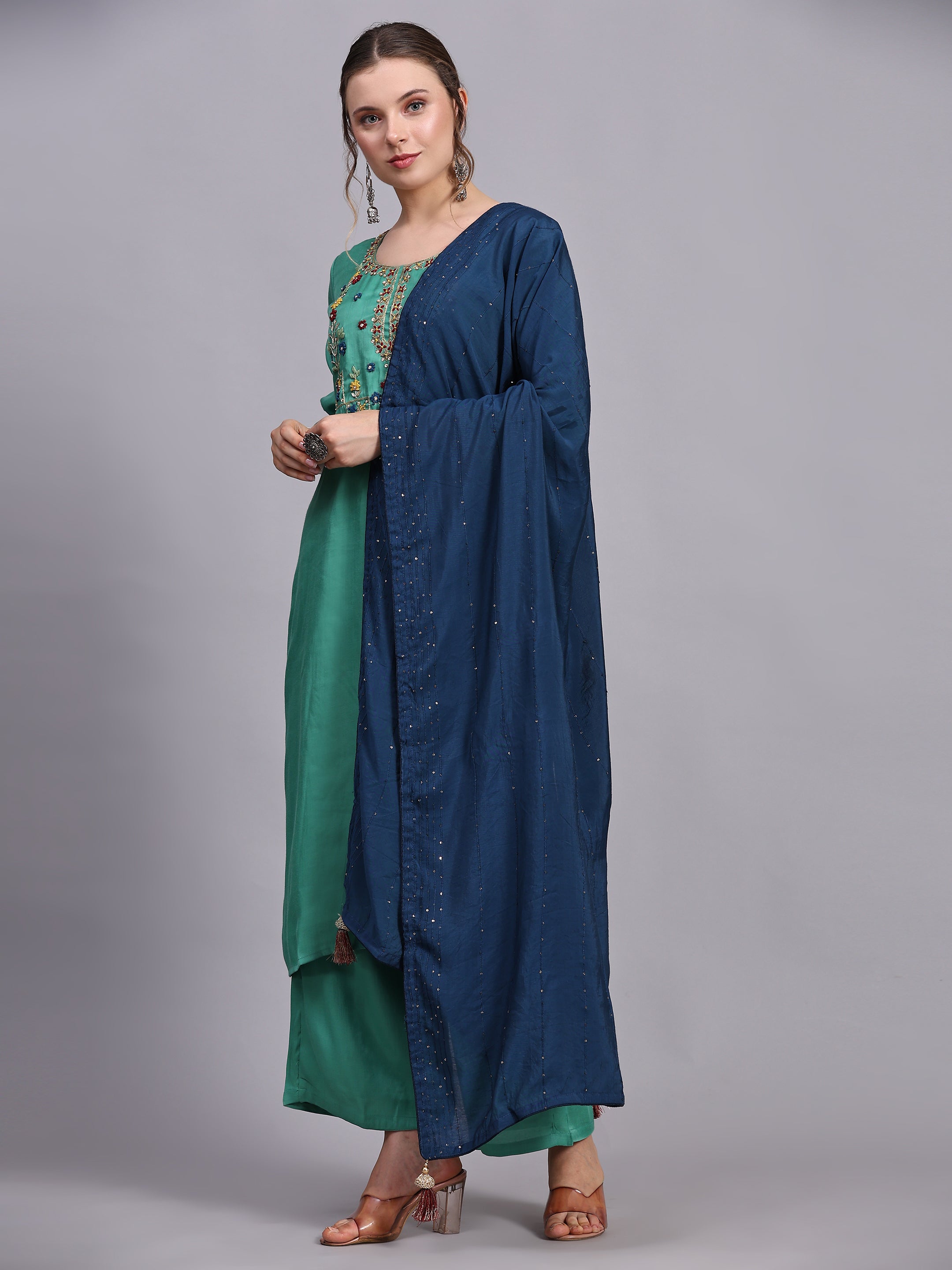 Green Viscose Silk Blend Kurta Set with Dupatta