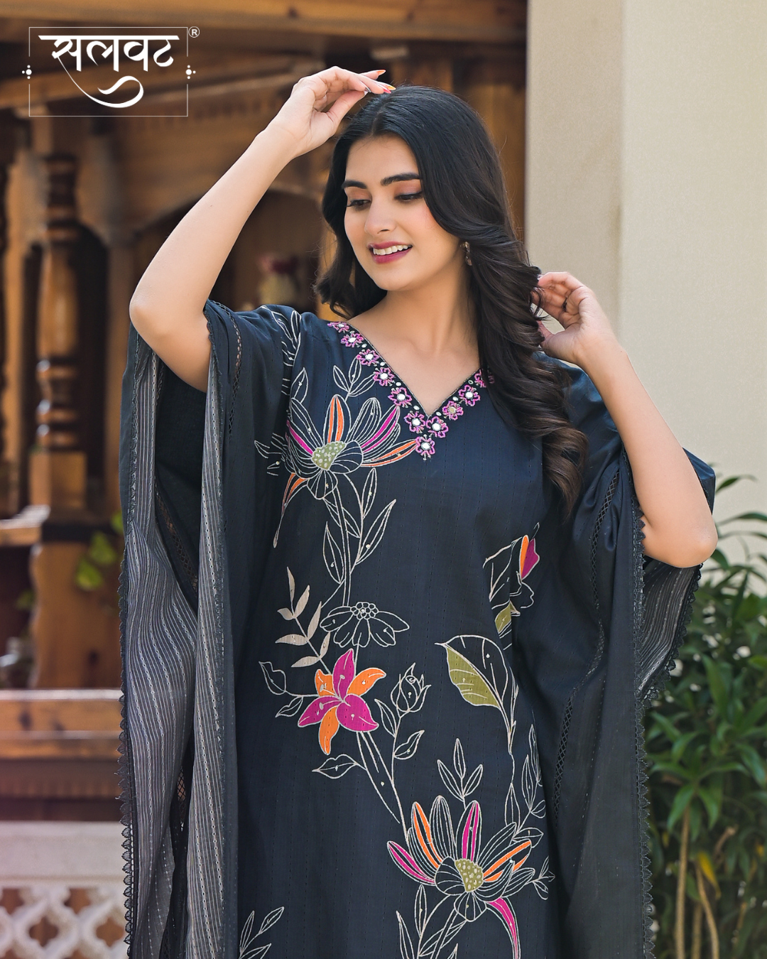 Charcoal Black Abstract Printed Handwork Kaftan Set