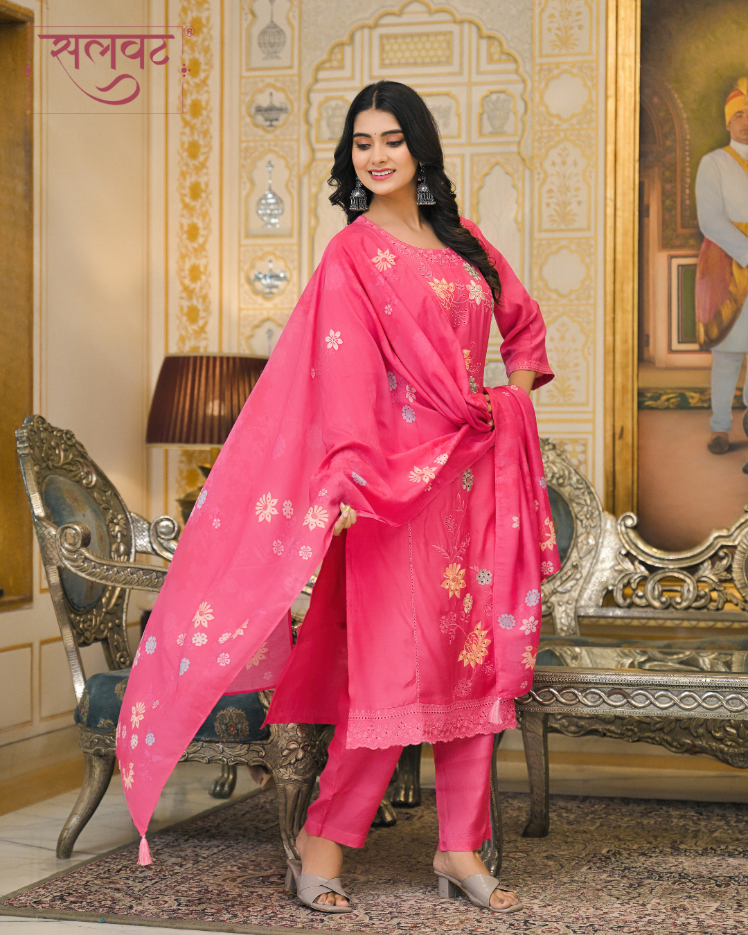 Carnation Blush Embroidered Kurta set with Printed Dupatta
