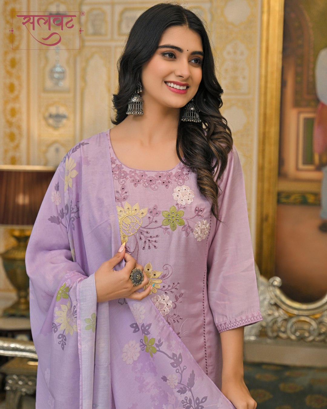 Periwinkle Lilac Embroidered Kurta Set With Printed Dupatta