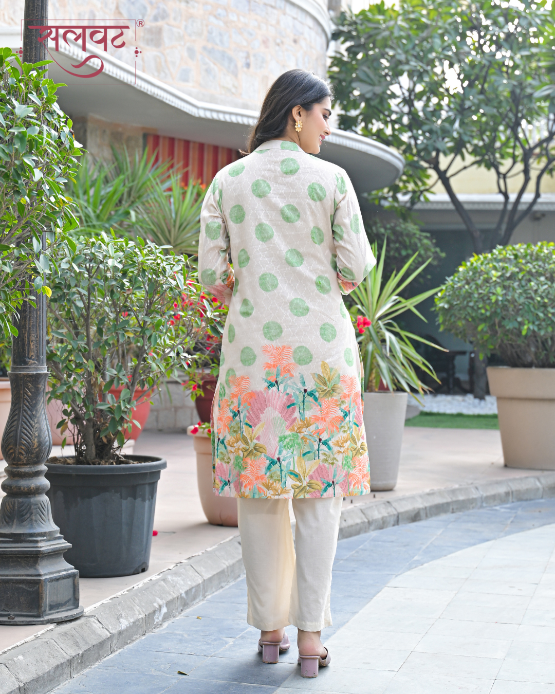 Green Polka & Abstract Flowers Printed Beige Kurta Set